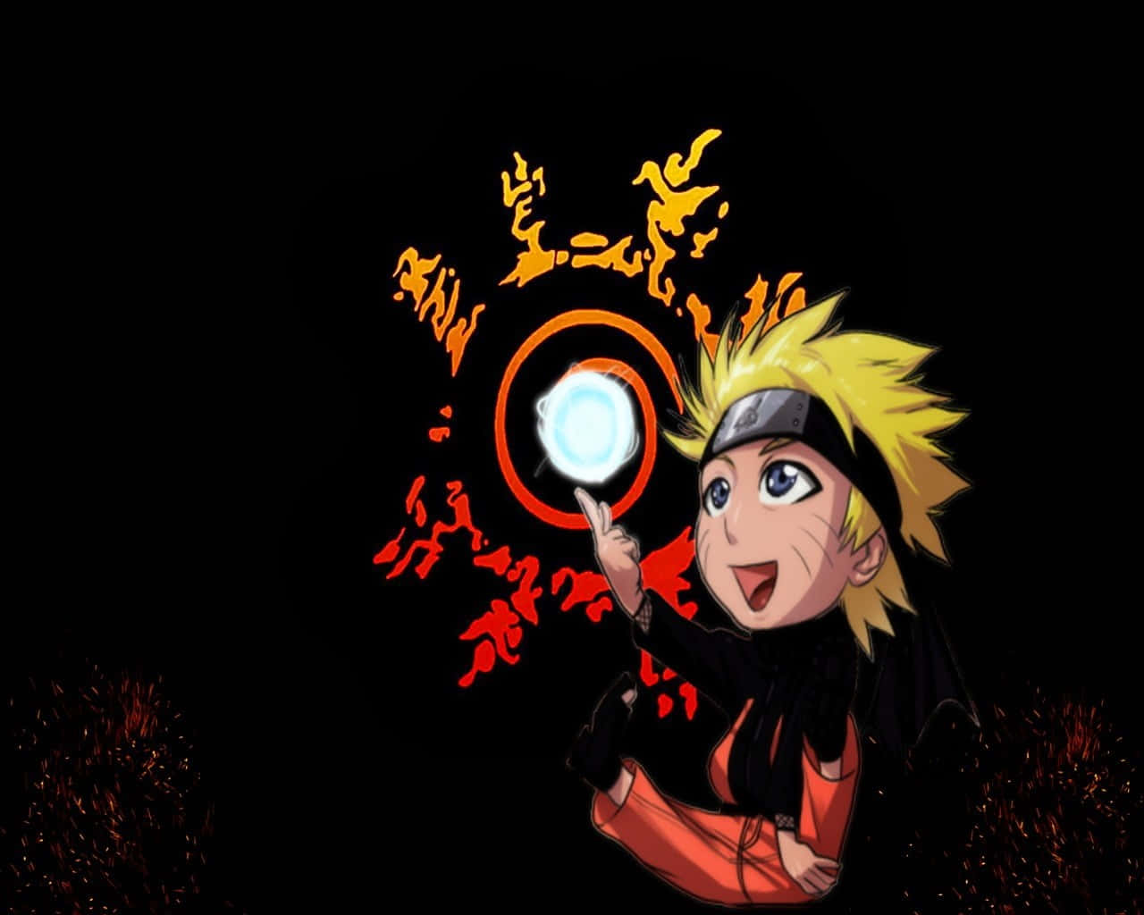 Naruto Black 桌布 壁紙 — 動漫角色漩渦鳴人穿著黑色和橙色服裝，在黑暗背景中釋放出被熾熱橙色查克拉符號包圍的發光藍色螺旋丸。