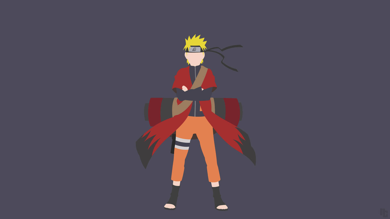 Minimalist Anime 桌布 壁紙 — 動漫角色漩渦鳴人自信地交叉雙臂站在純深灰色背景前。