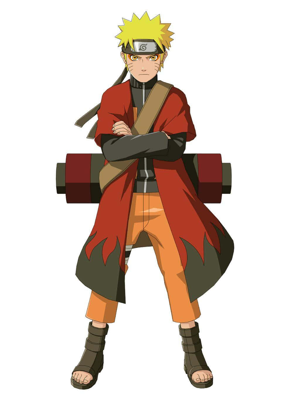 Naruto Sage Mode 桌布 壁紙 — 動漫角色漩渦鳴人自信地交叉雙臂站立，身穿紅色外套、橙色褲子和頭帶，背景為純白色。
