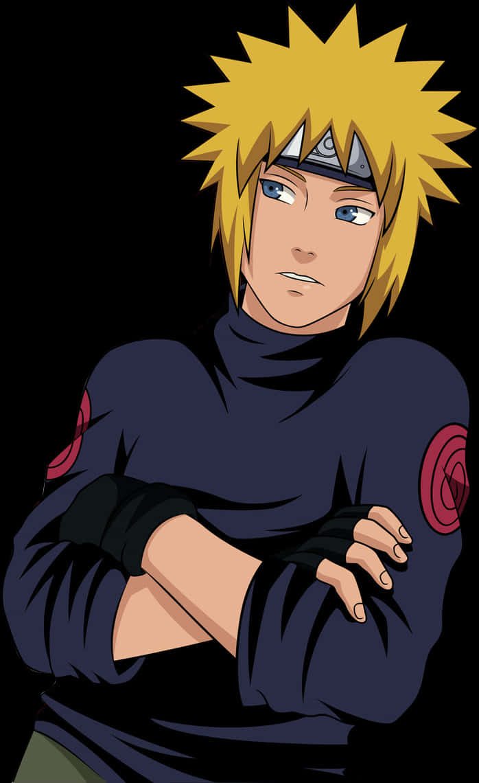 minato namikaze 桌布 壁紙 — 動漫角色漩渦鳴人自信地交叉雙臂站在黑色背景前，穿著他標誌性的藍色忍者服。