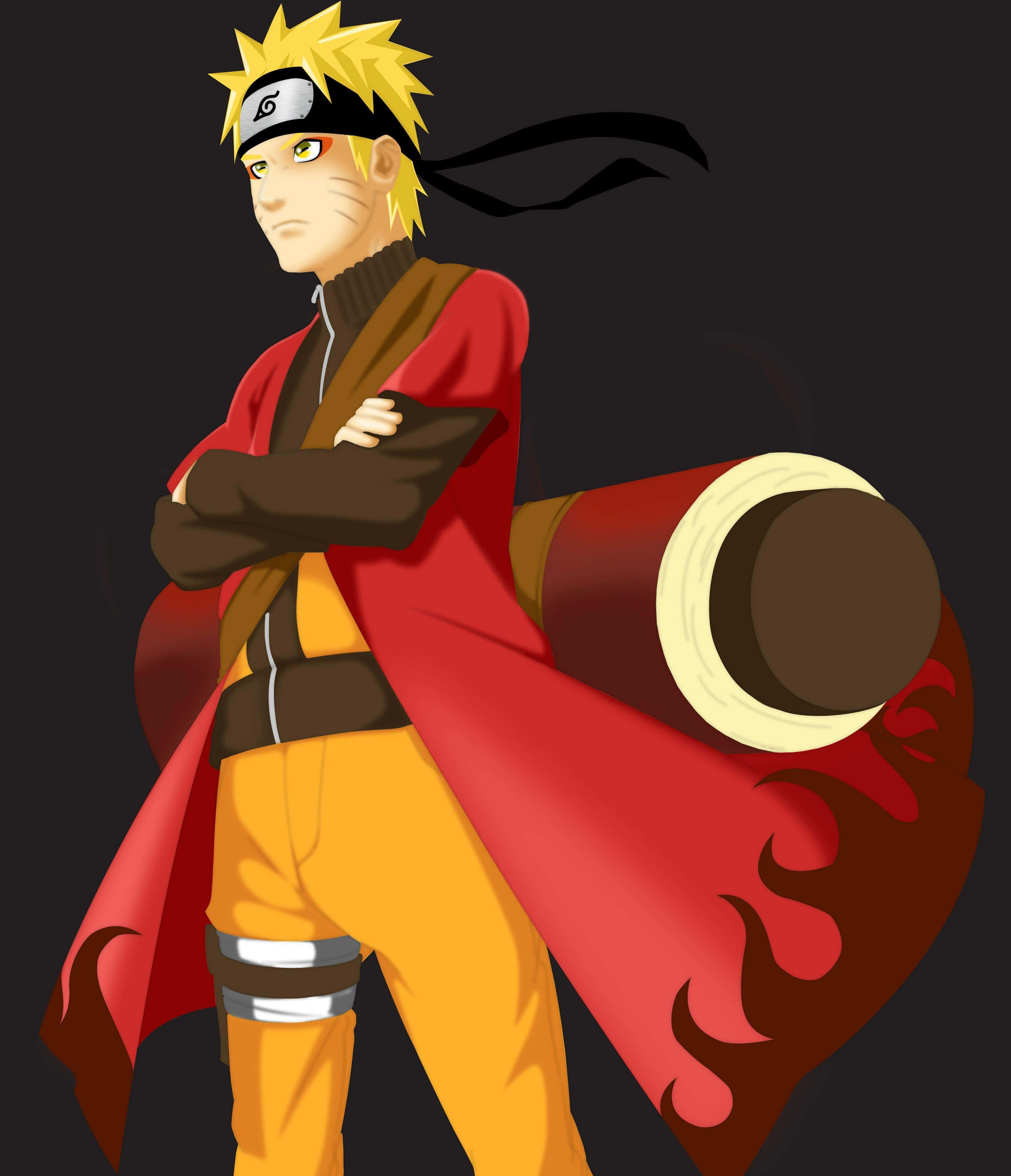 Naruto Sage Mode 桌布 壁紙 — 動漫角色漩渦鳴人自信地交叉雙臂站立，身穿紅色斗篷和橙色連身衣，背景為深色。