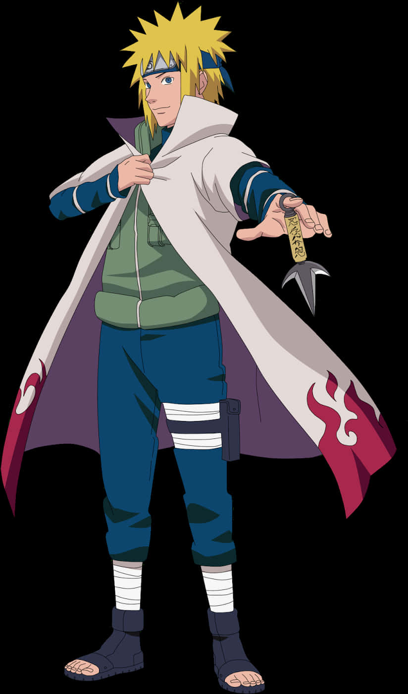 minato namikaze 桌布 壁紙 — 動漫角色漩渦鳴人自信地穿著火影斗篷，手持苦無，背景為黑色。