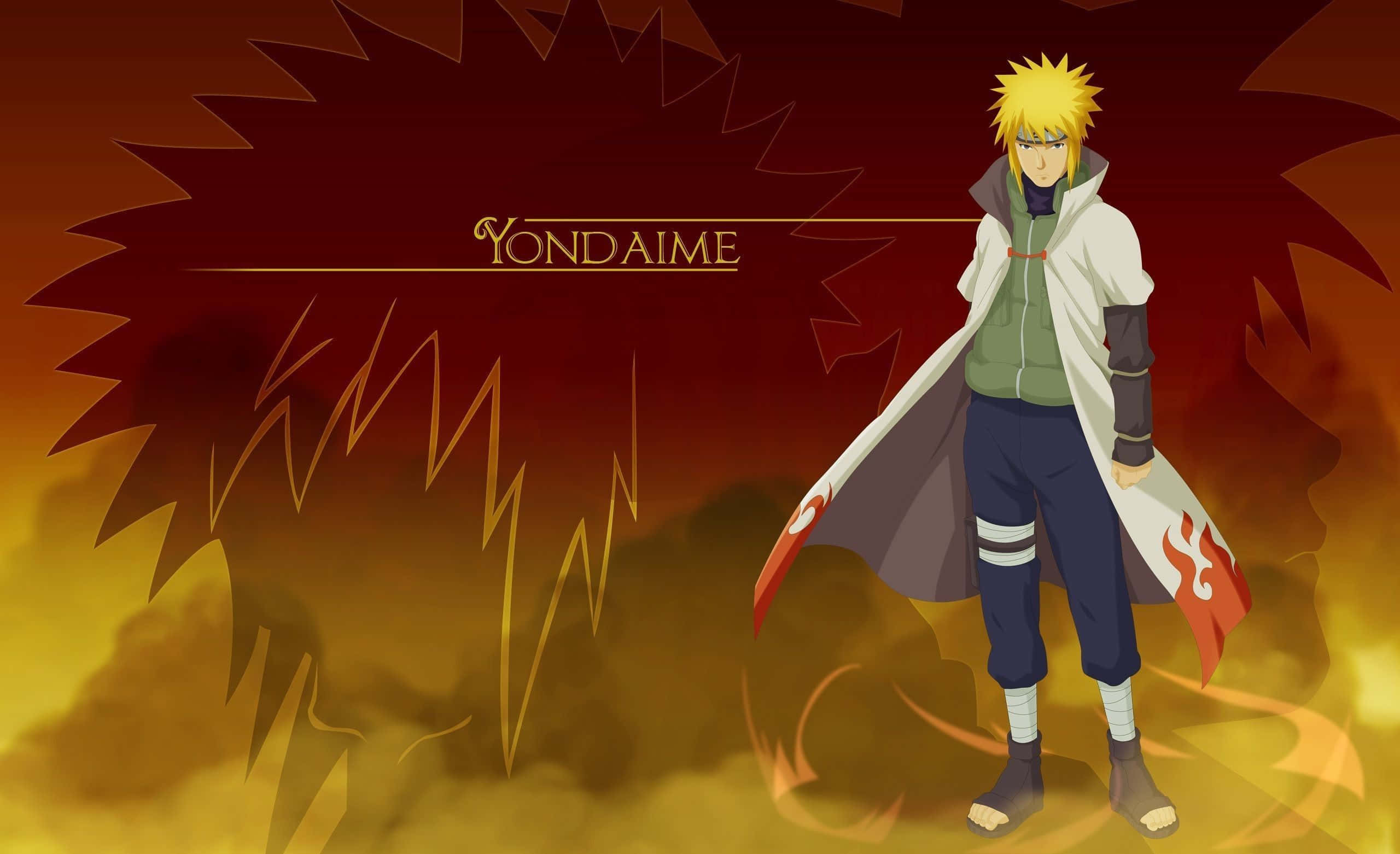 Fourth Hokage 桌布 壁紙 — 動漫角色漩渦鳴人自信地站在火熱的橙色和紅色背景上，YONDAIME 字樣在他上方閃耀。