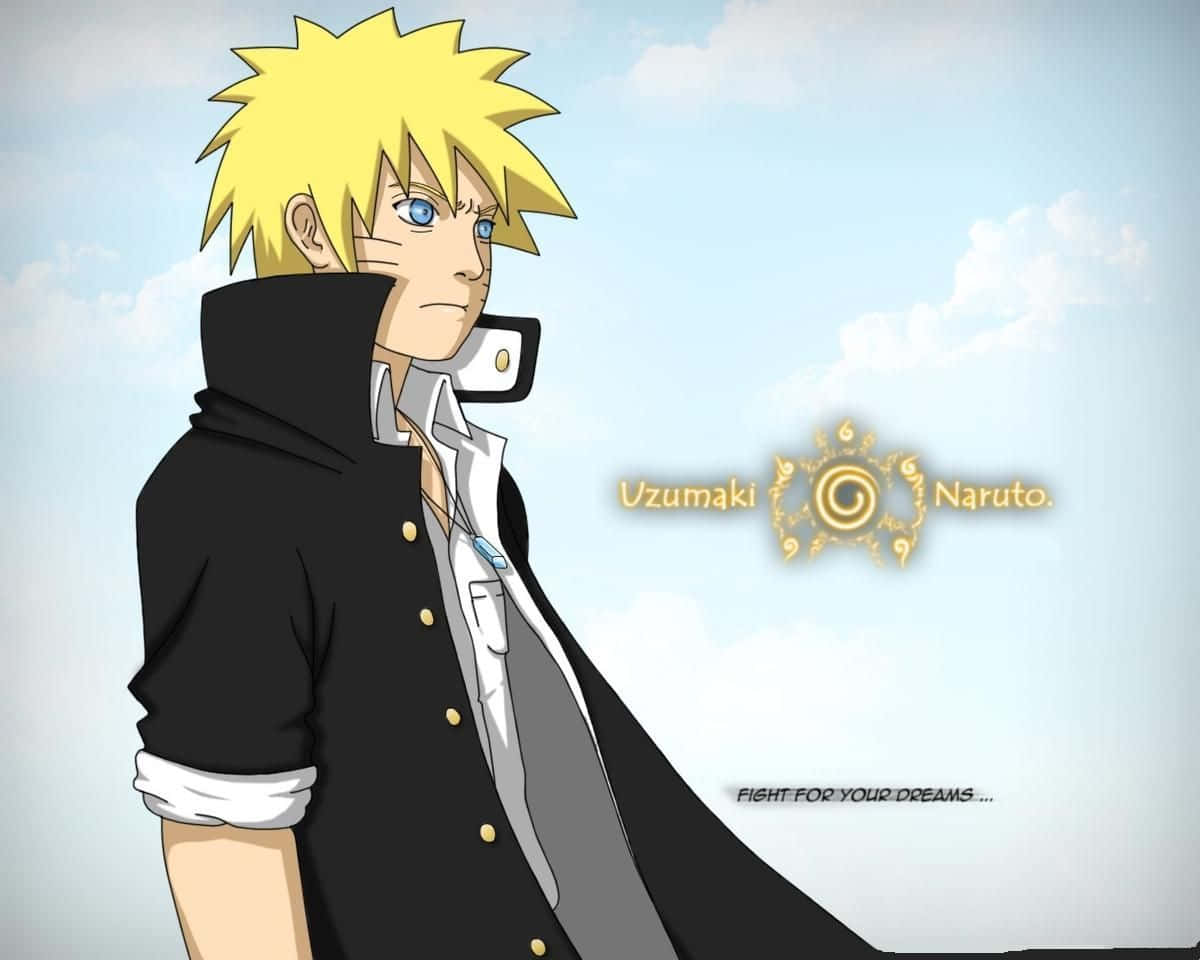 Naruto Alone 桌布 壁紙 — 動漫角色漩渦鳴人自信地站在黑色外套中，背景是柔和的藍天和蓬鬆的雲朵。