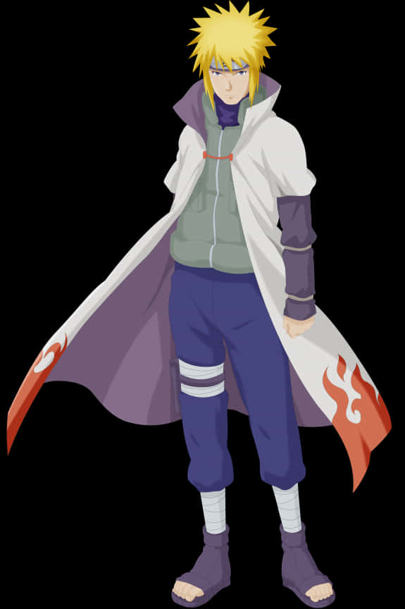 minato namikaze 桌布 壁紙 — 動漫角色漩渦鳴人自信地站在黑色背景前，身穿帶有紅色火焰圖案的白色斗篷。