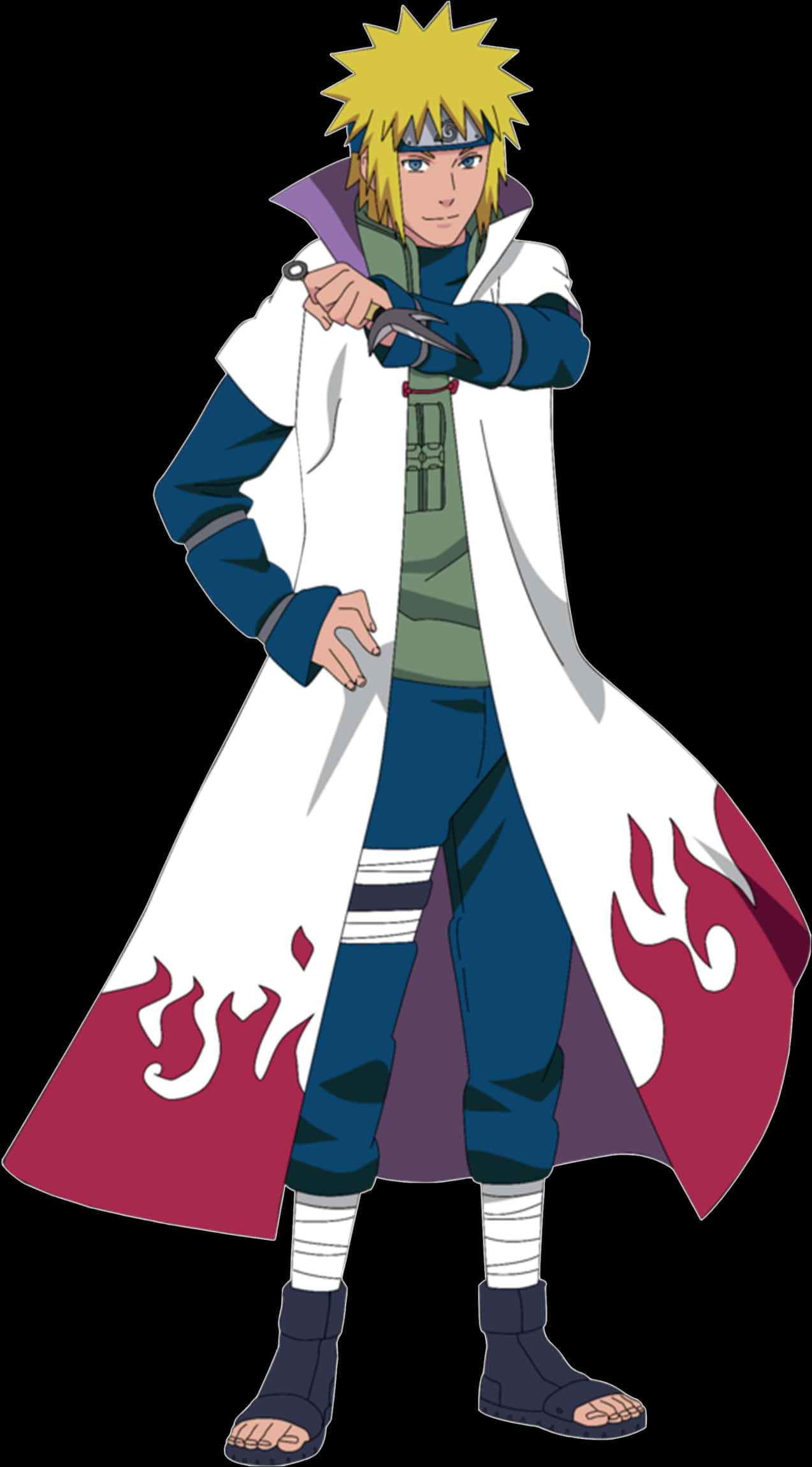 minato namikaze 桌布 壁紙 — 動漫角色漩渦鳴人自信地站立，身穿白色和紅色的斗篷，手持苦無，金色刺蝟頭，表情堅定。