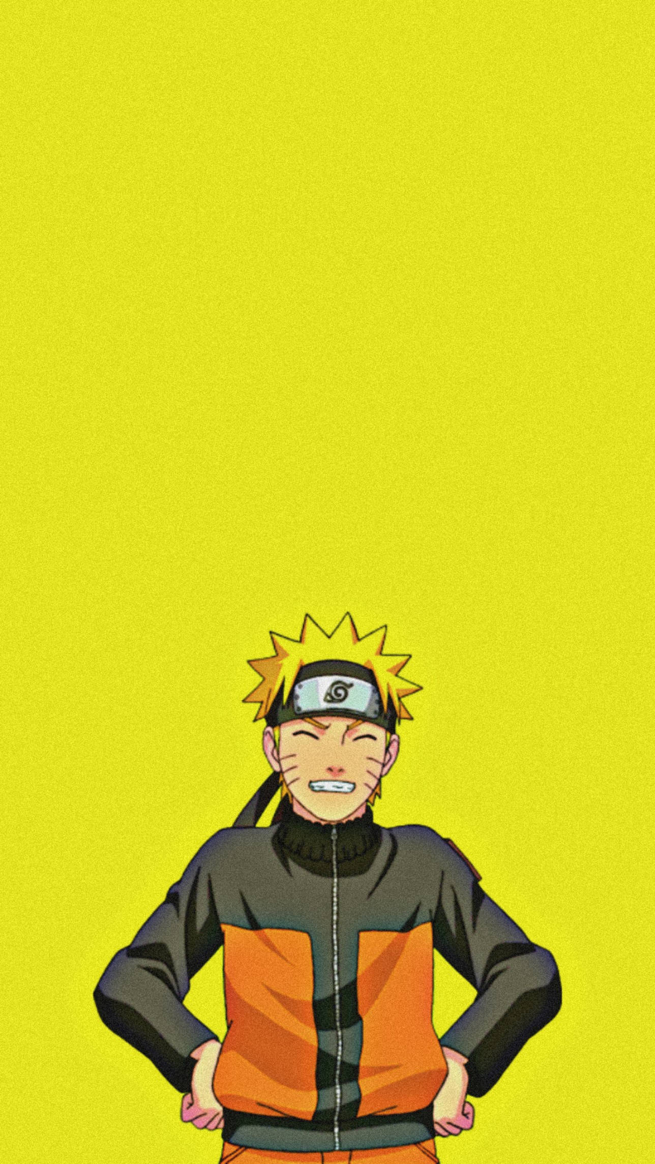 Yellow Naruto 桌布 壁紙 — 動漫角色漩渦鳴人自信地雙手叉腰，站在純黃色背景前。