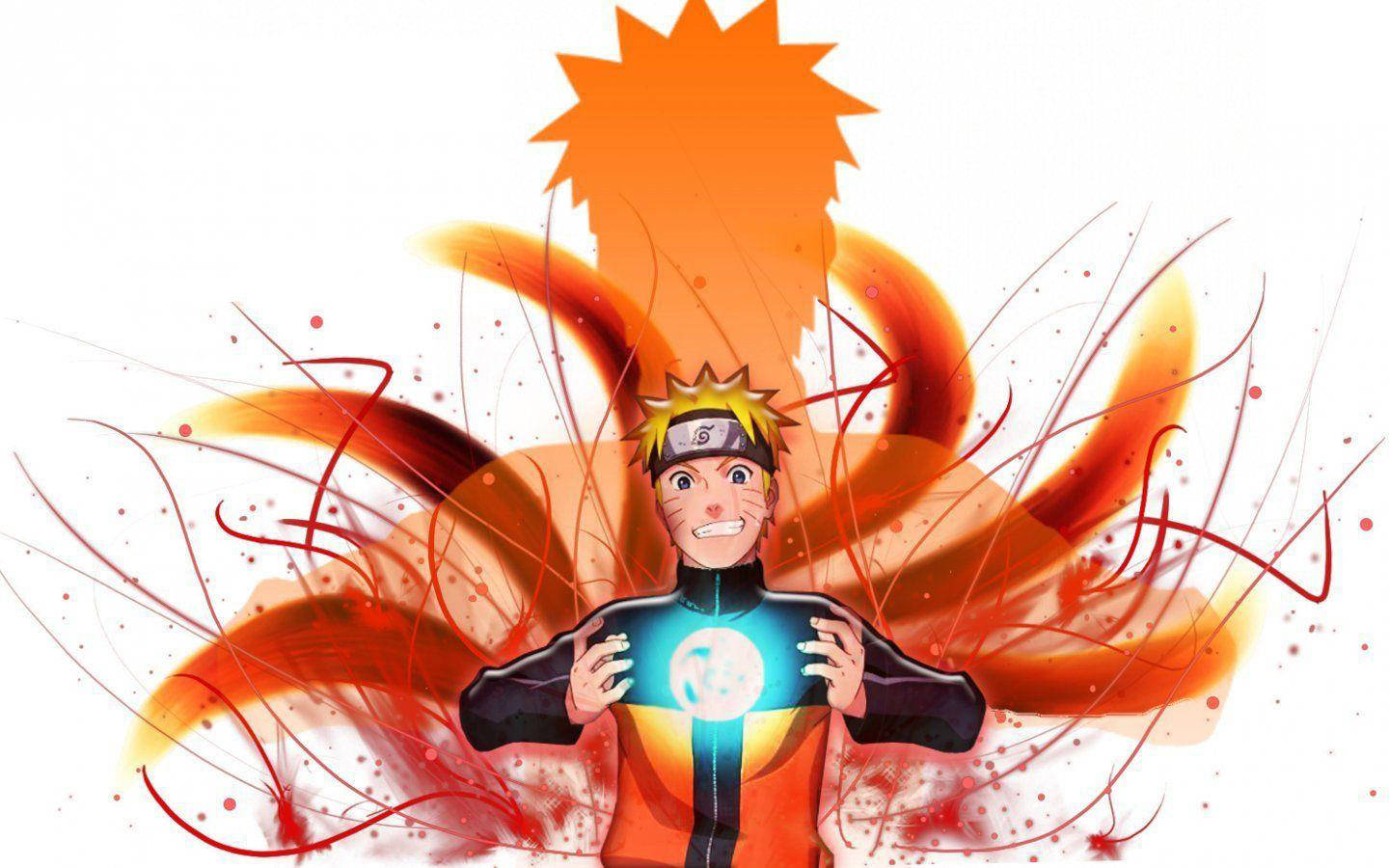 Naruto 3d 桌布 壁紙 — 動漫角色漩渦鳴人處於九尾查克拉模式，身後有熾熱的橙色能量旋轉。