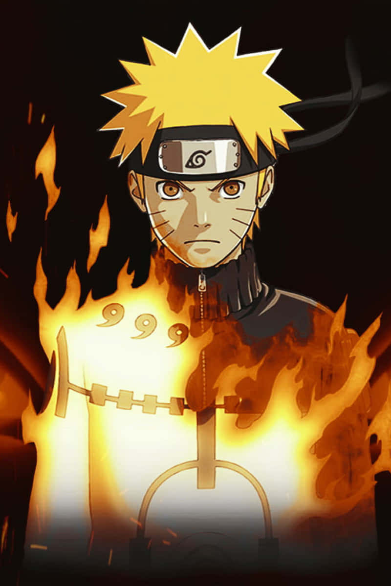 Naruto Fire 桌布 壁紙 — 動漫角色漩渦鳴人處於九尾查克拉模式，熾熱的橙色火焰包裹著他的身體，背景為深色。