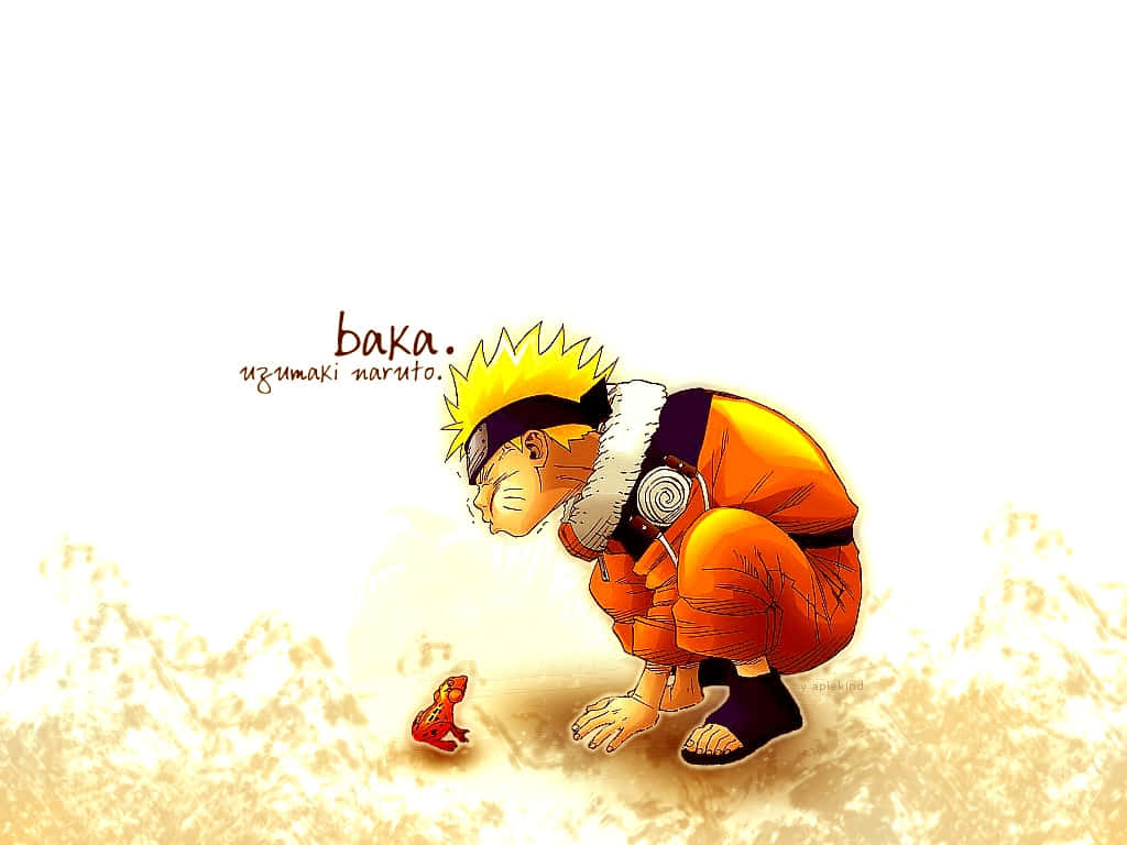 Funny Naruto 桌布 壁紙 — 動漫角色漩渦鳴人跪在陽光明媚的田野中，低著頭，旁邊有一個紅色小物體，上方有文字。