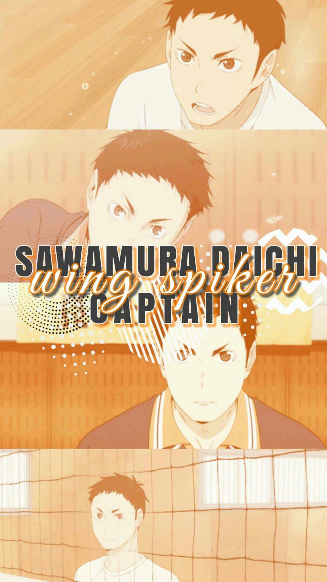 Daichi Sawamura 桌布 壁紙 — 動漫角色澤村大地，翼尖扣球手隊長，以三個富有表現力的特寫鏡頭呈現在溫暖的橙色排球場背景前。