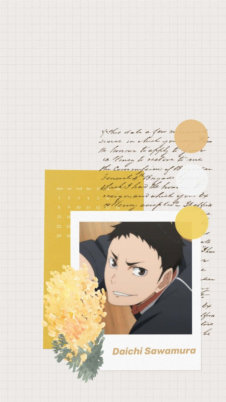 Daichi Sawamura 桌布 壁紙 — 動漫角色澤村大地在拍立得相框內，背景為方格紙，配有黃色花朵和手寫文字。