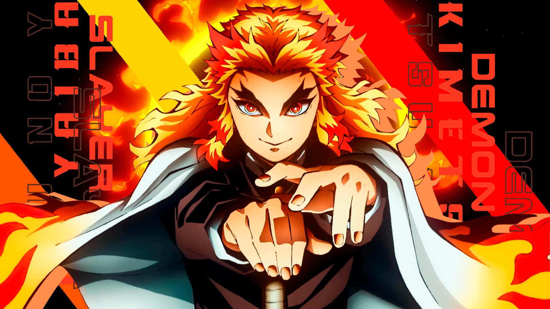 Rengoku Sword 桌布 壁紙 — 動漫角色煉獄杏壽郎，擁有火焰般的橙色頭髮和紅色眼睛，自信地站在燃燒的背景前，配有粗體文字。