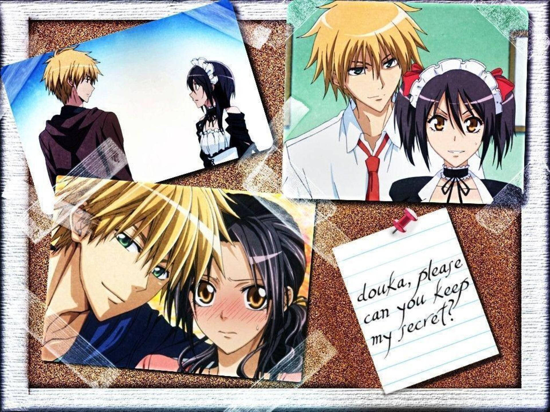 Kaichou Wa Maid Sama 桌布 壁紙 — 動漫角色照片用圖釘固定在軟木板上，附有一張手寫便條詢問一個秘密。