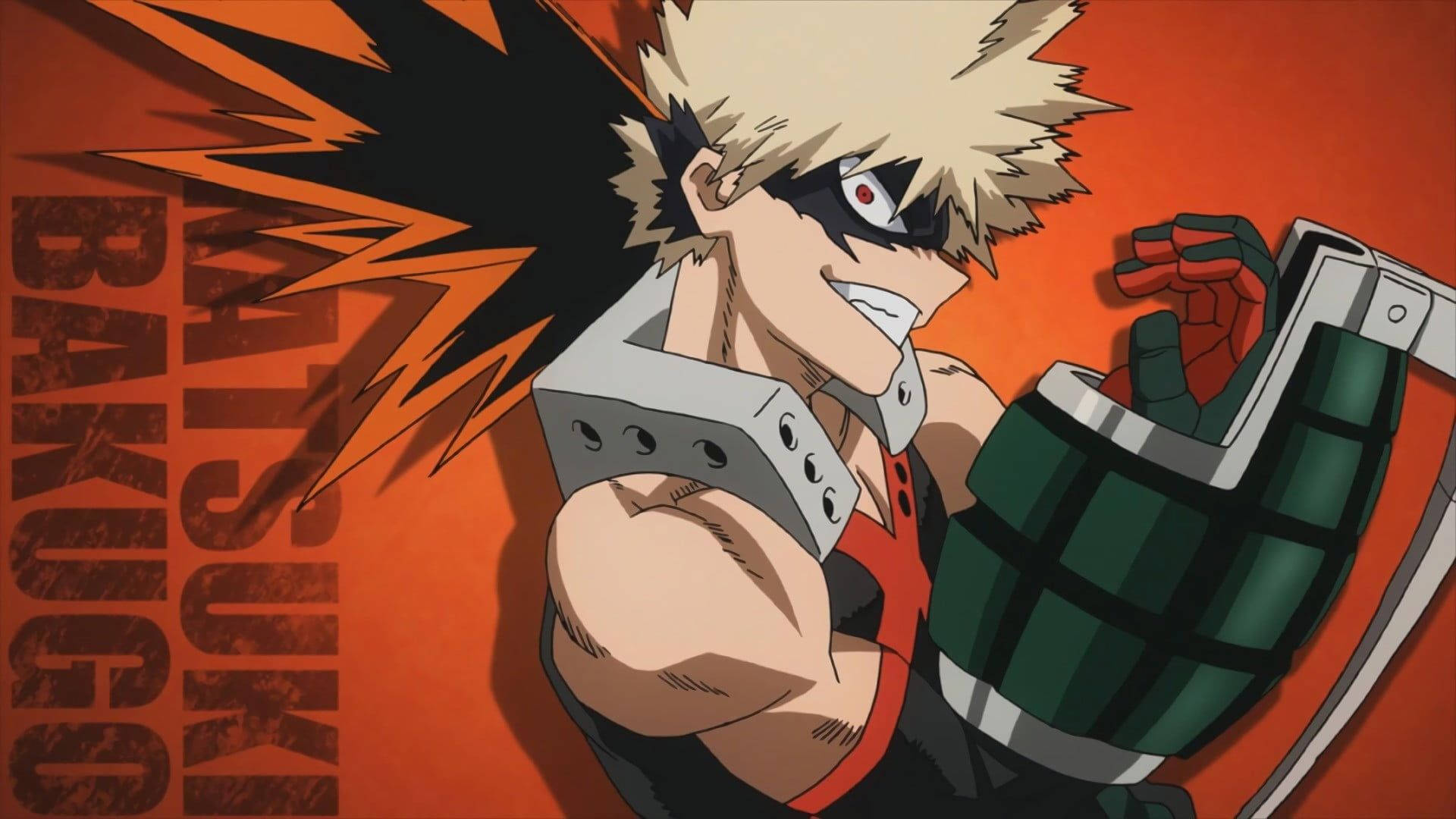 Bnha 桌布 壁紙 — 動漫角色爆豪，擁有尖刺金髮和紅色眼睛，在熾熱的橙色背景前手持綠色手榴彈。