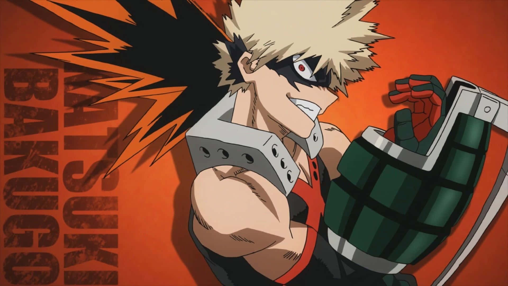Bakugo 桌布 壁紙 — 動漫角色爆豪，擁有尖刺金髮和紅色眼睛，在熾熱的橙色背景前手持綠色手榴彈。
