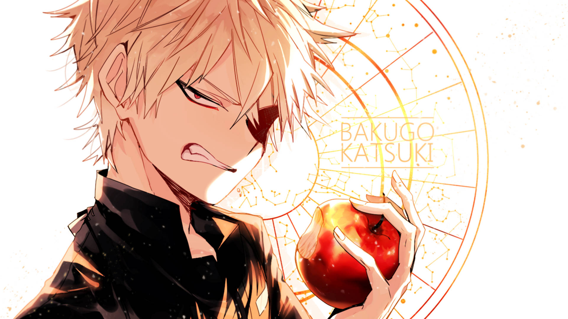 Bakugo 桌布 壁紙 — 動漫角色爆豪勝己手持一個發光的紅蘋果，背景是燦爛的金色星座。