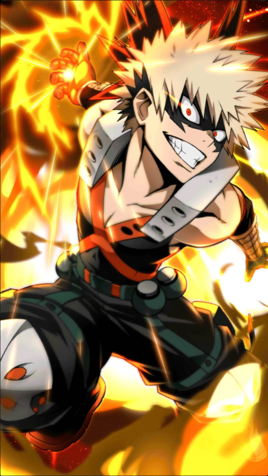 Bakugou 桌布 壁紙 — 動漫角色爆豪在熾熱的橙色和黃色背景下，以動態戰鬥姿勢釋放火焰能量。