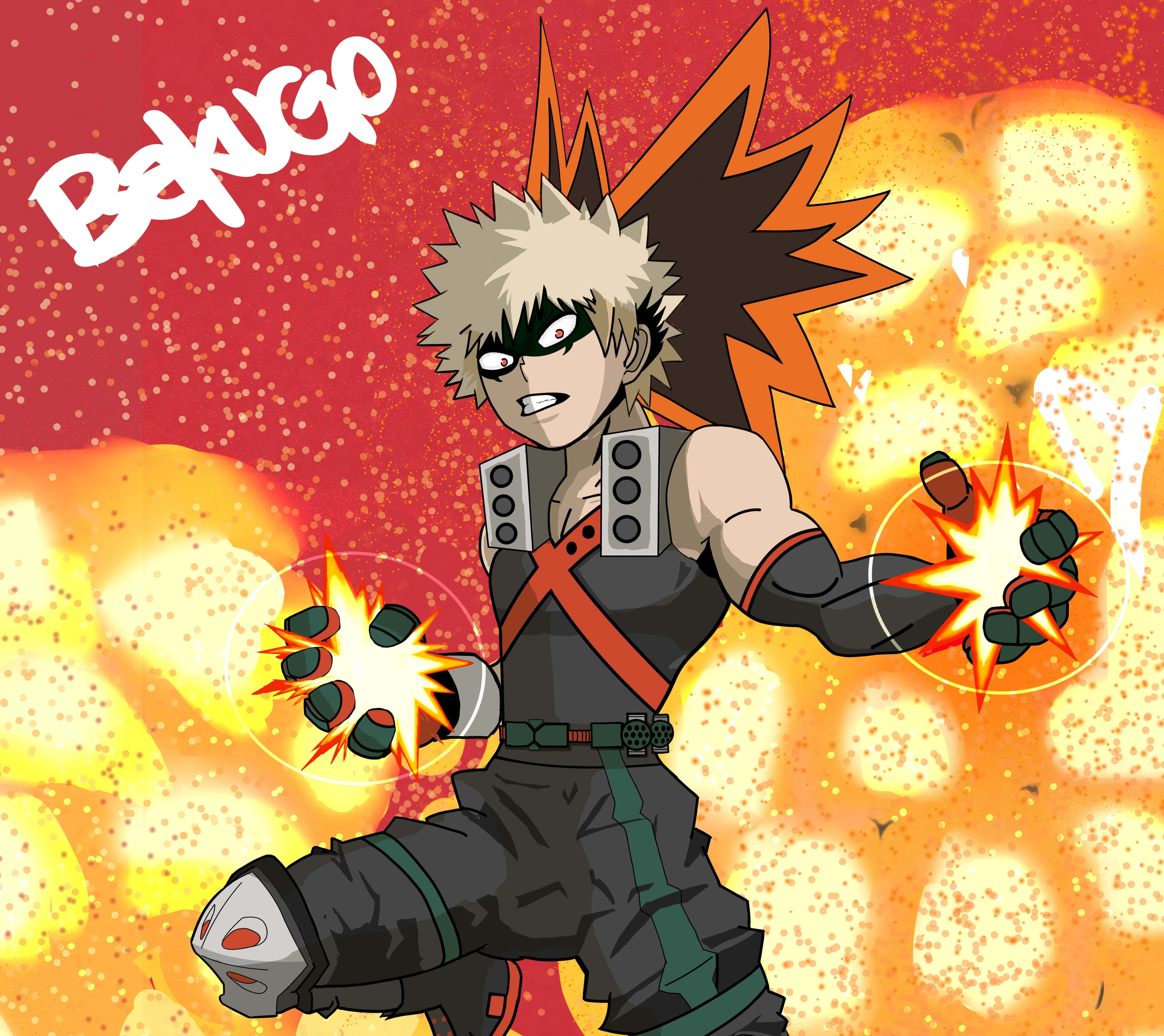 Bakugo 桌布 壁紙 — 動漫角色爆豪在熾熱的紅色和橙色背景上釋放爆炸性能量衝擊波。