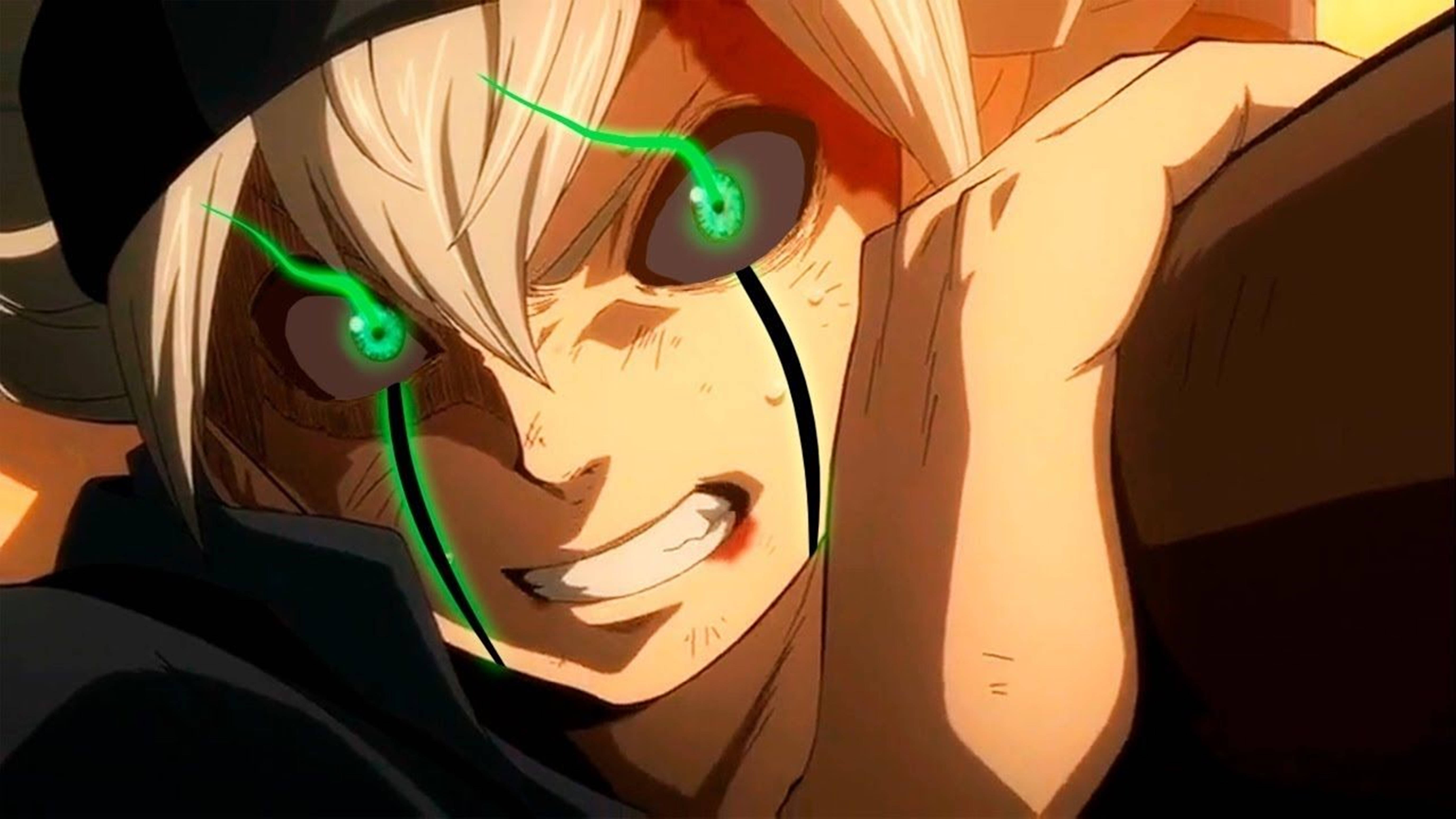 Black Clover Anime 桌布 壁紙 — 動漫角色特寫，在溫暖燈光下露出綠色發光眼睛和兇猛笑容。