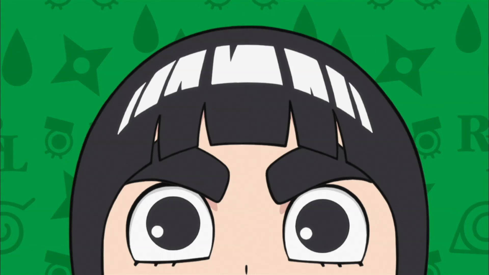 Rock Lee 桌布 壁紙 — 動漫角色特寫，大眼睛黑頭髮，綠色背景重複符號。