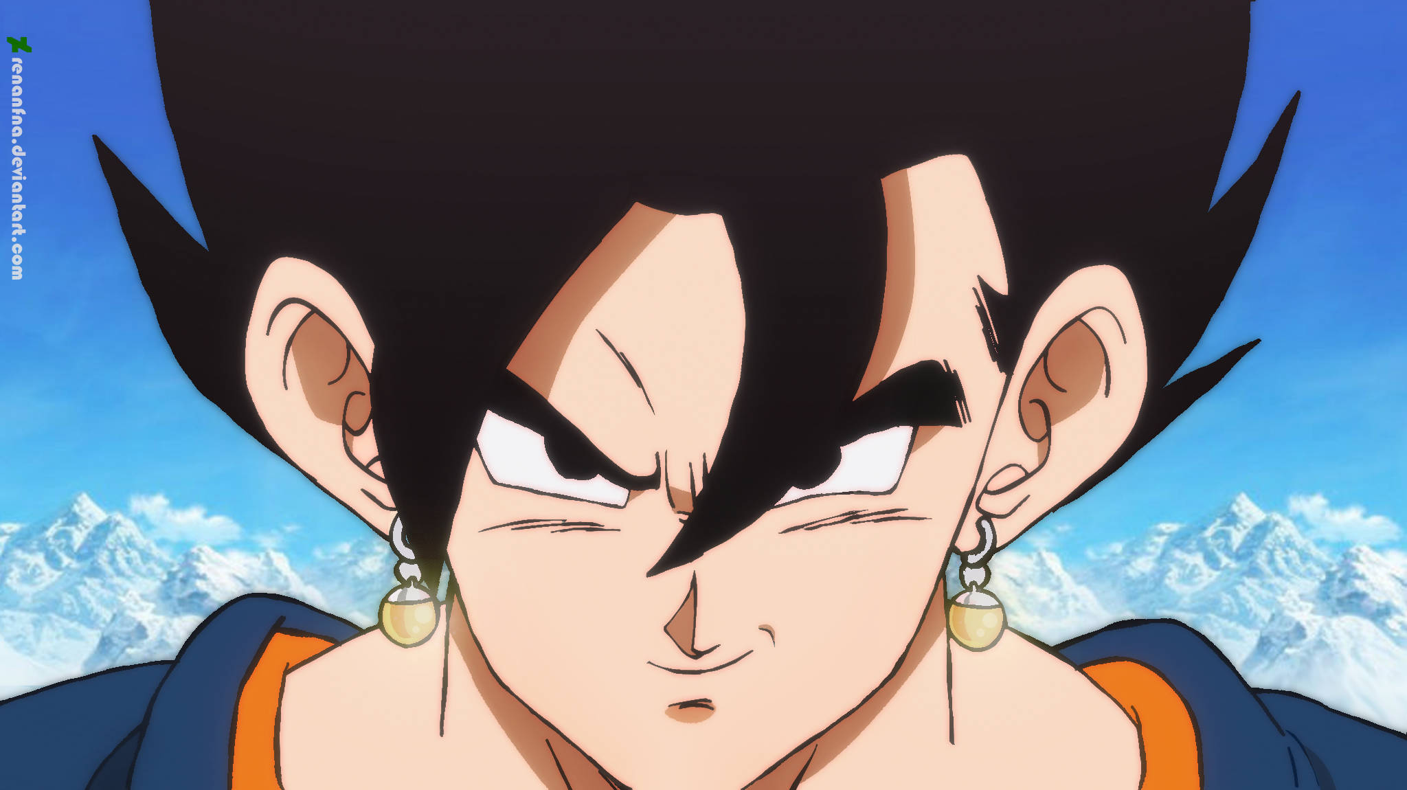 Vegito 桌布 壁紙 — 動漫角色特寫，擁有刺蝟般的黑色頭髮和耳環，背景是白雪覆蓋的山脈。
