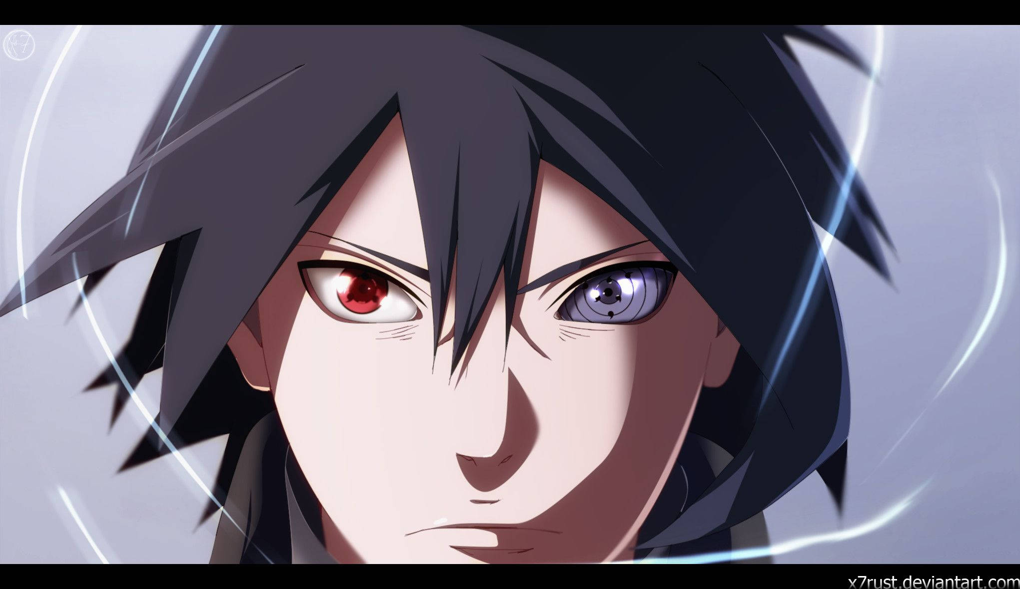 Sasuke 桌布 壁紙 — 動漫角色特寫，擁有對比的紅色和藍色眼睛，深色尖刺頭髮，背景是發光的光線。