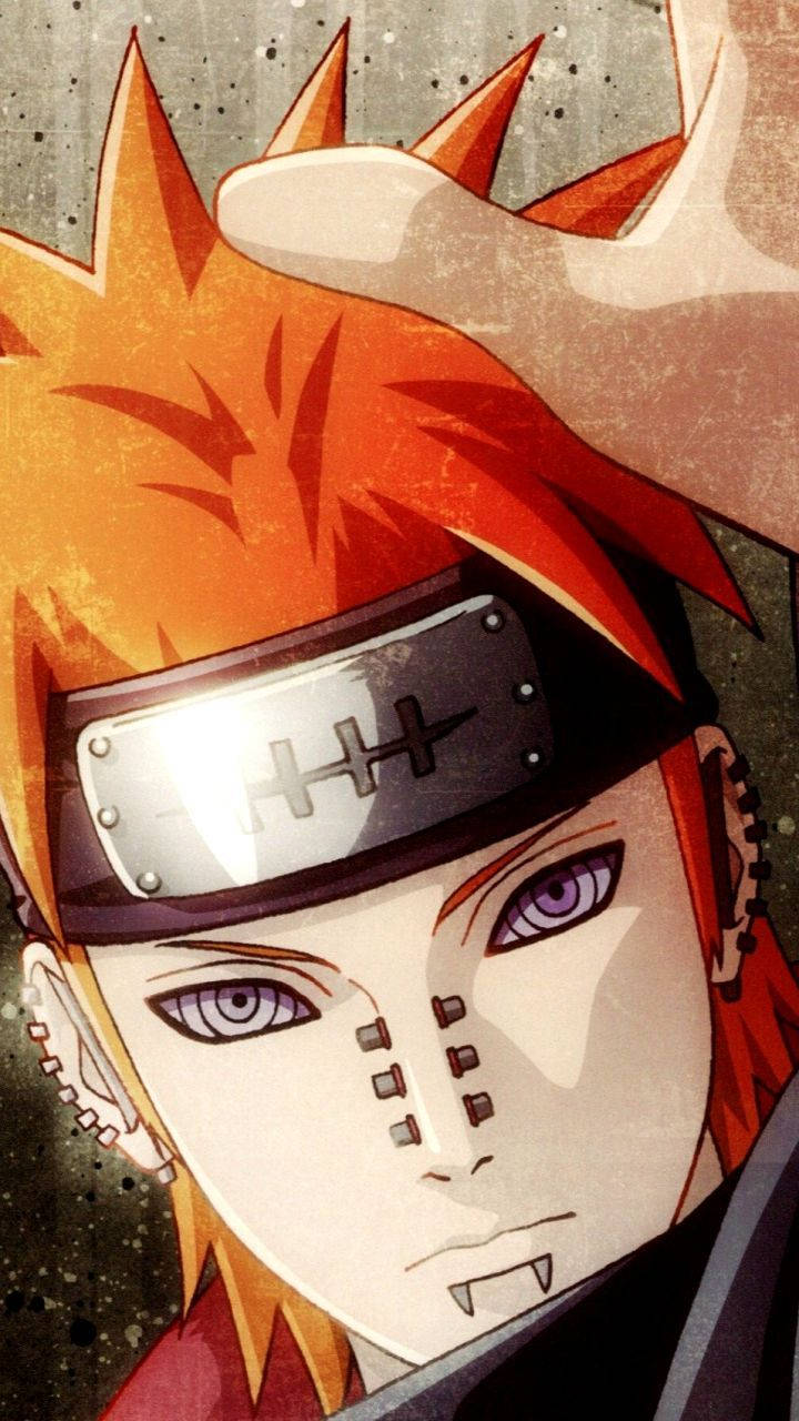 HD anime phone 桌布 壁紙 — 動漫角色特寫，擁有尖刺橙色頭髮、紫色眼睛和額頭護具，背景粗糙有紋理。