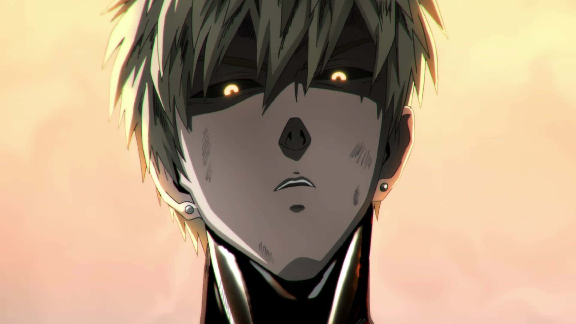 Genos 桌布 壁紙 — 動漫角色特寫，擁有尖刺灰色頭髮、發光的琥珀色眼睛和嚴肅的表情，背景是柔和的桃色。