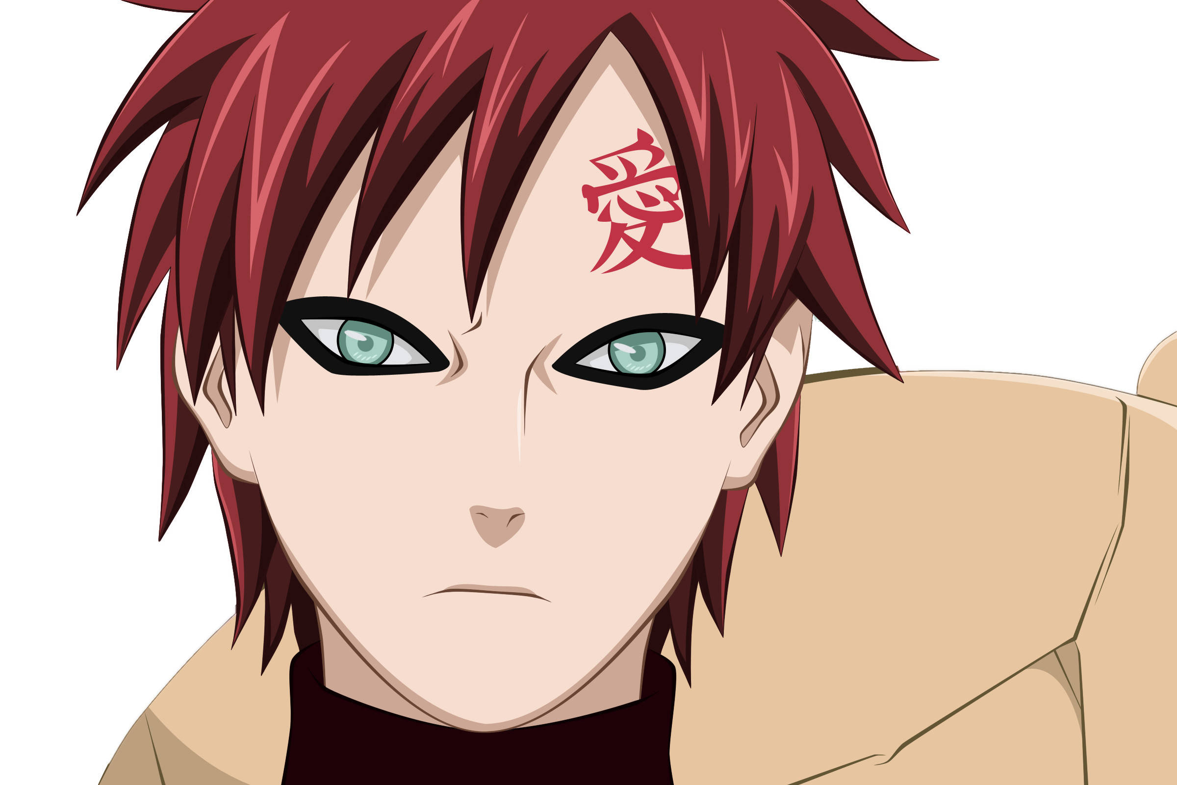 Gaara 桌布 壁紙 — 動漫角色特寫，擁有尖刺紅髮、綠色眼睛，額頭上有紅色漢字標記。