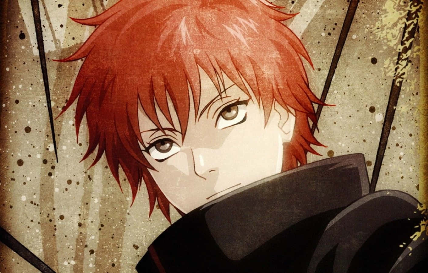 Akatsuki Ninja 桌布 壁紙 — 動漫角色特寫，擁有尖刺紅髮和銳利眼神，背景為帶有深色條紋的紋理米色。
