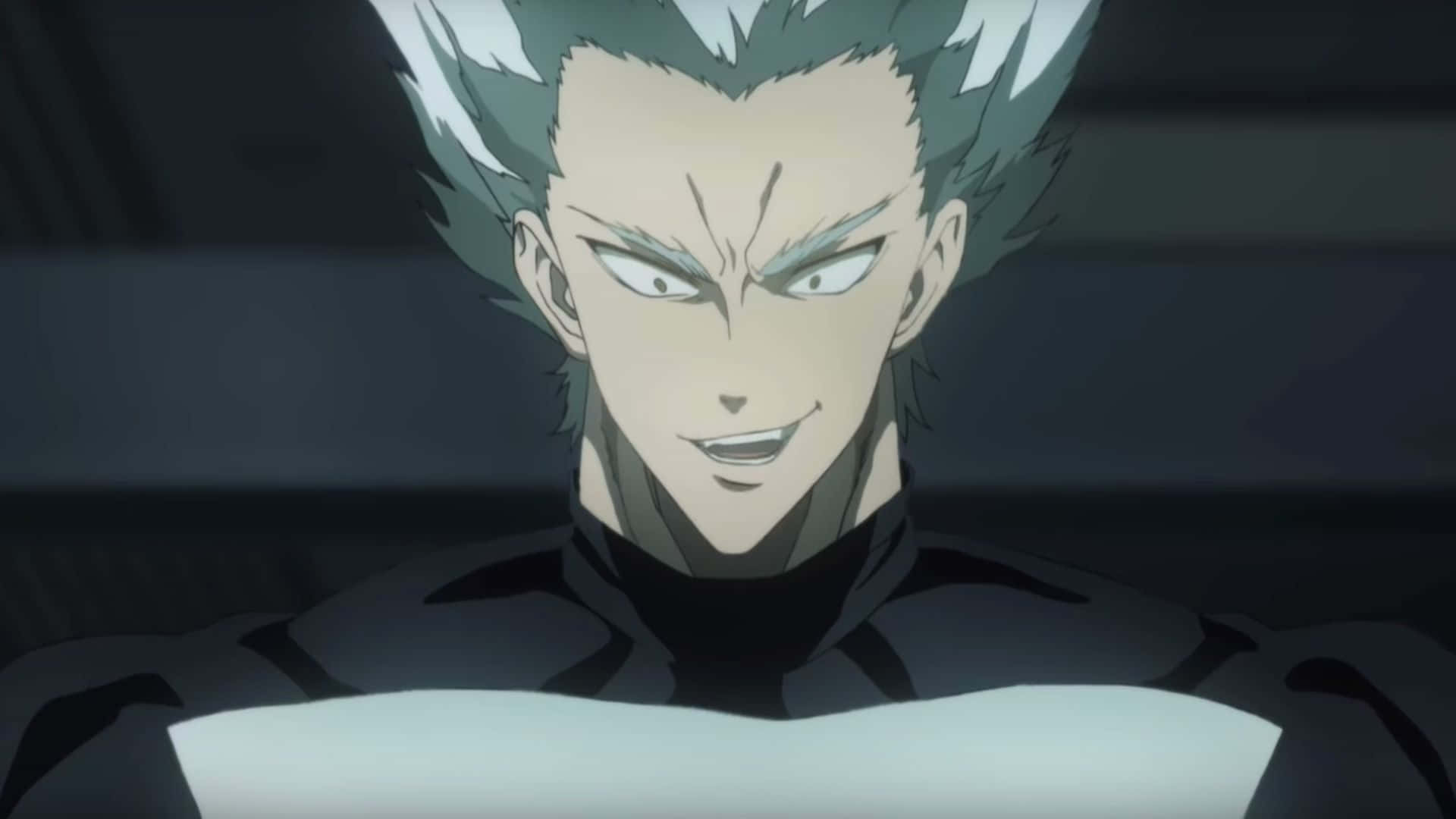 One Punch Man Season 2 桌布 壁紙 — 動漫角色特寫，擁有尖刺綠色頭髮和銳利眼神，身穿黑白西裝。
