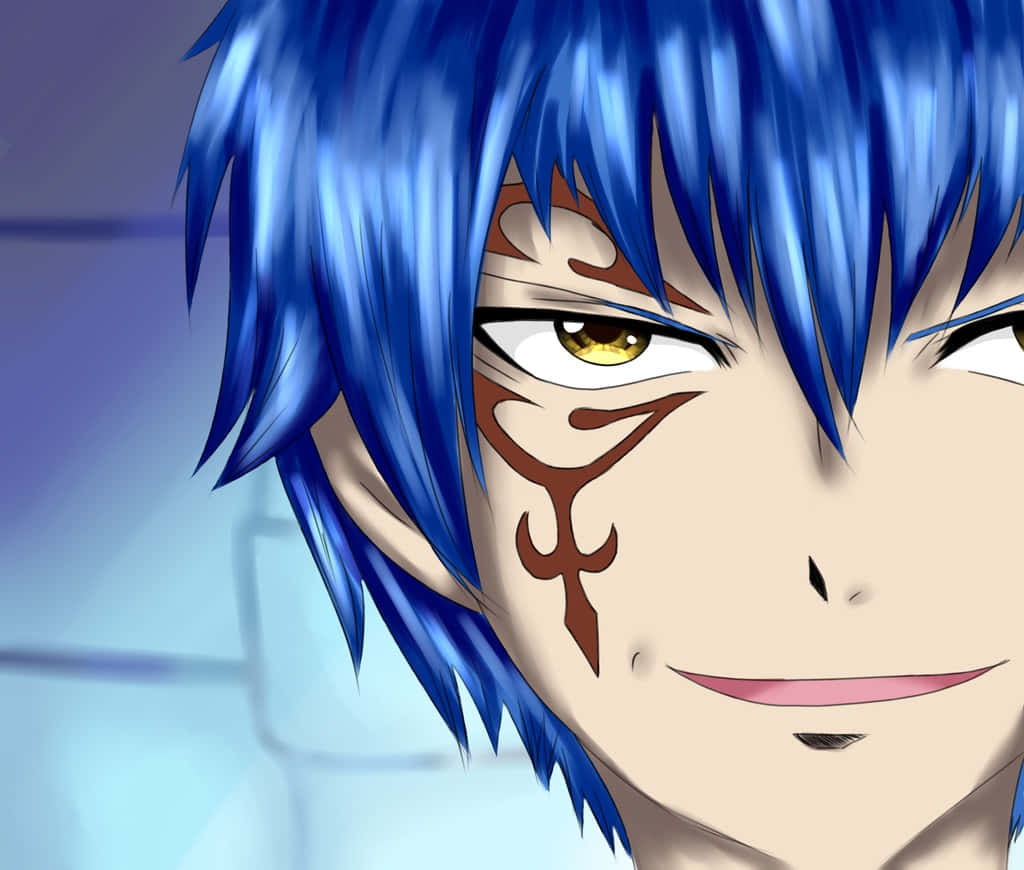 Jellal Fernandes 桌布 壁紙 — 動漫角色特寫，擁有尖刺藍色頭髮和眼睛附近的棕色部落標記，微微微笑。