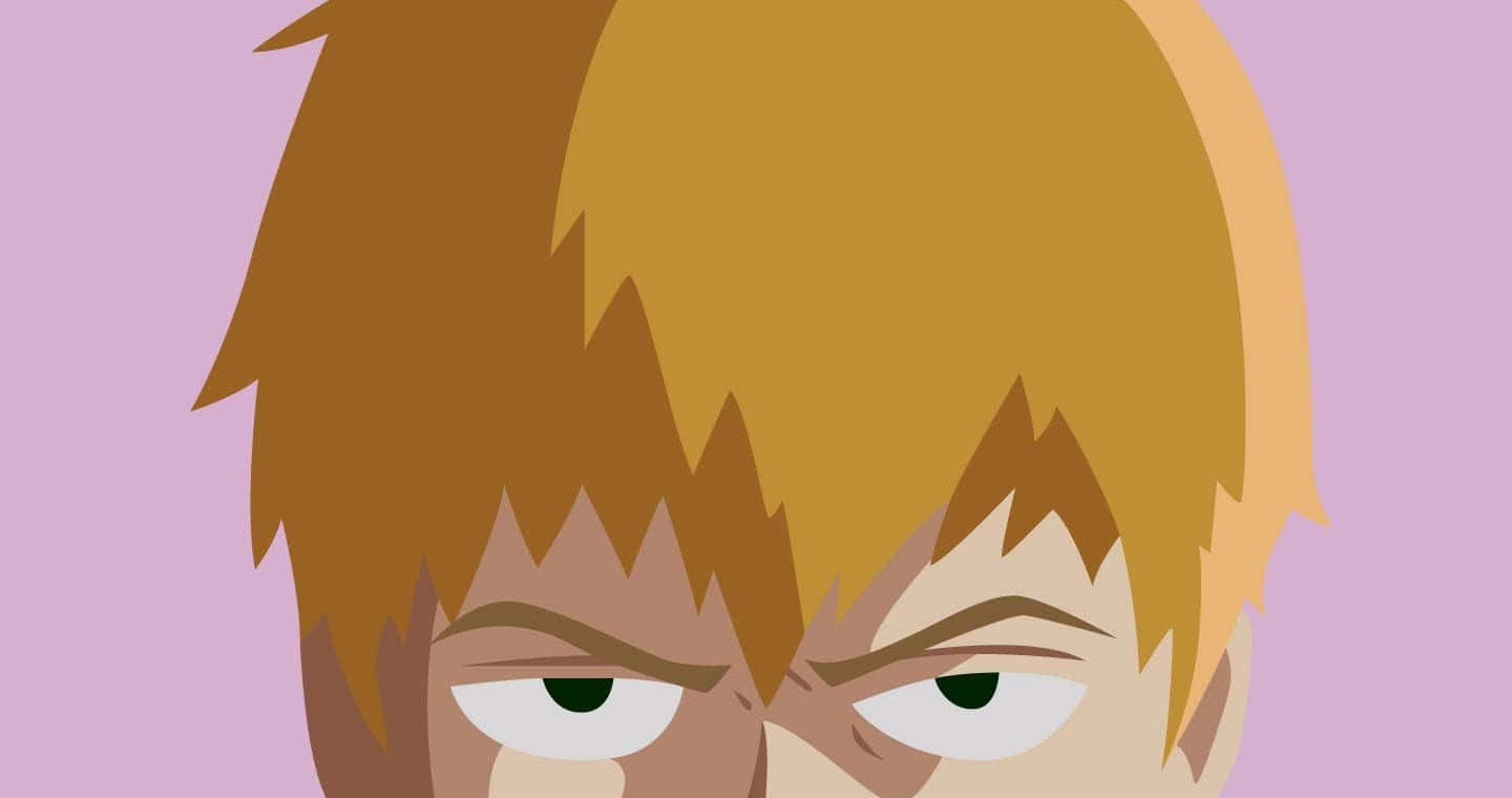 Arataka Reigen 桌布 壁紙 — 動漫角色特寫，擁有尖刺金髮和強烈綠色眼睛，背景為柔和薰衣草色。