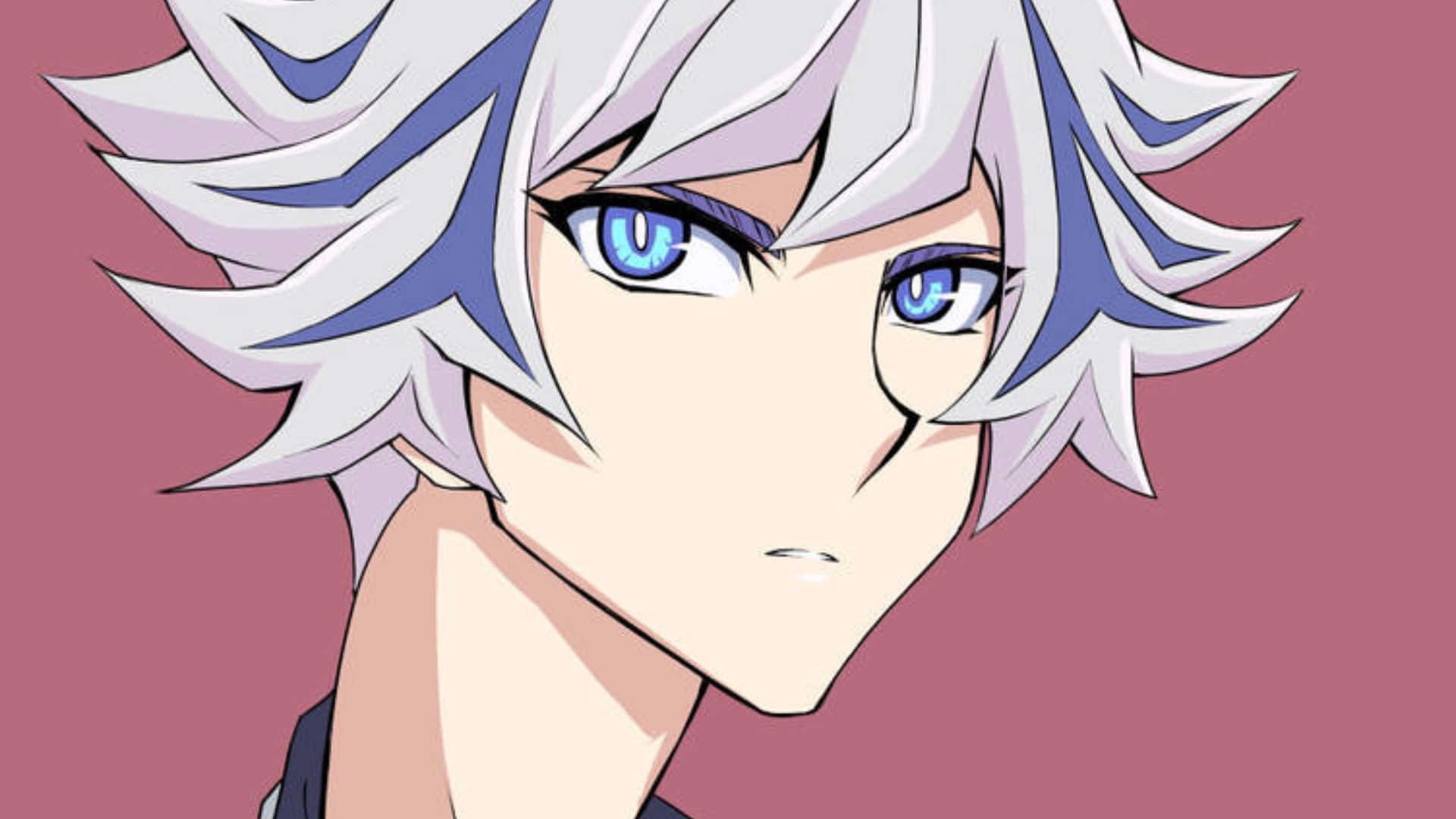 Ryoken Kogami 桌布 壁紙 — 動漫角色特寫，擁有尖刺銀色頭髮和銳利藍色眼睛，背景為純粉紅色。