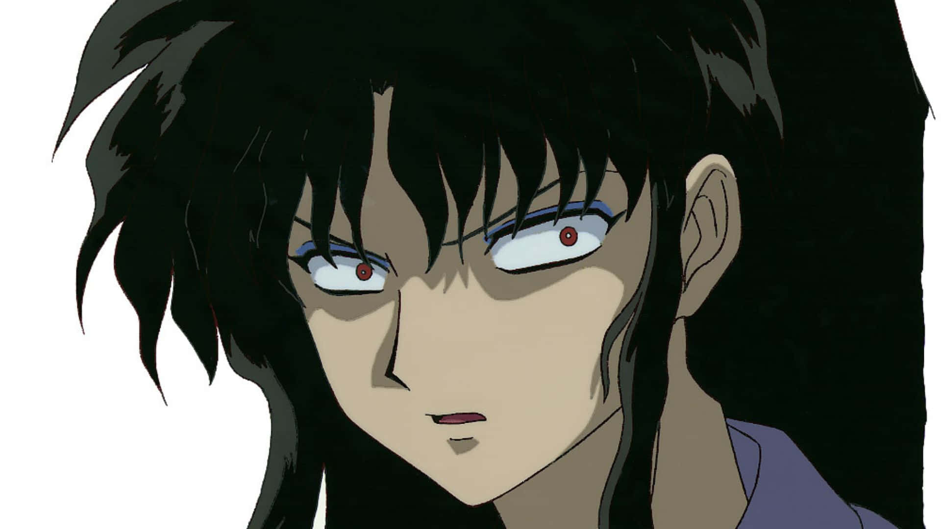 Naraku 桌布 壁紙 — 動漫角色特寫，擁有尖刺黑髮、強烈紅眼和嚴肅表情，背景為純白。