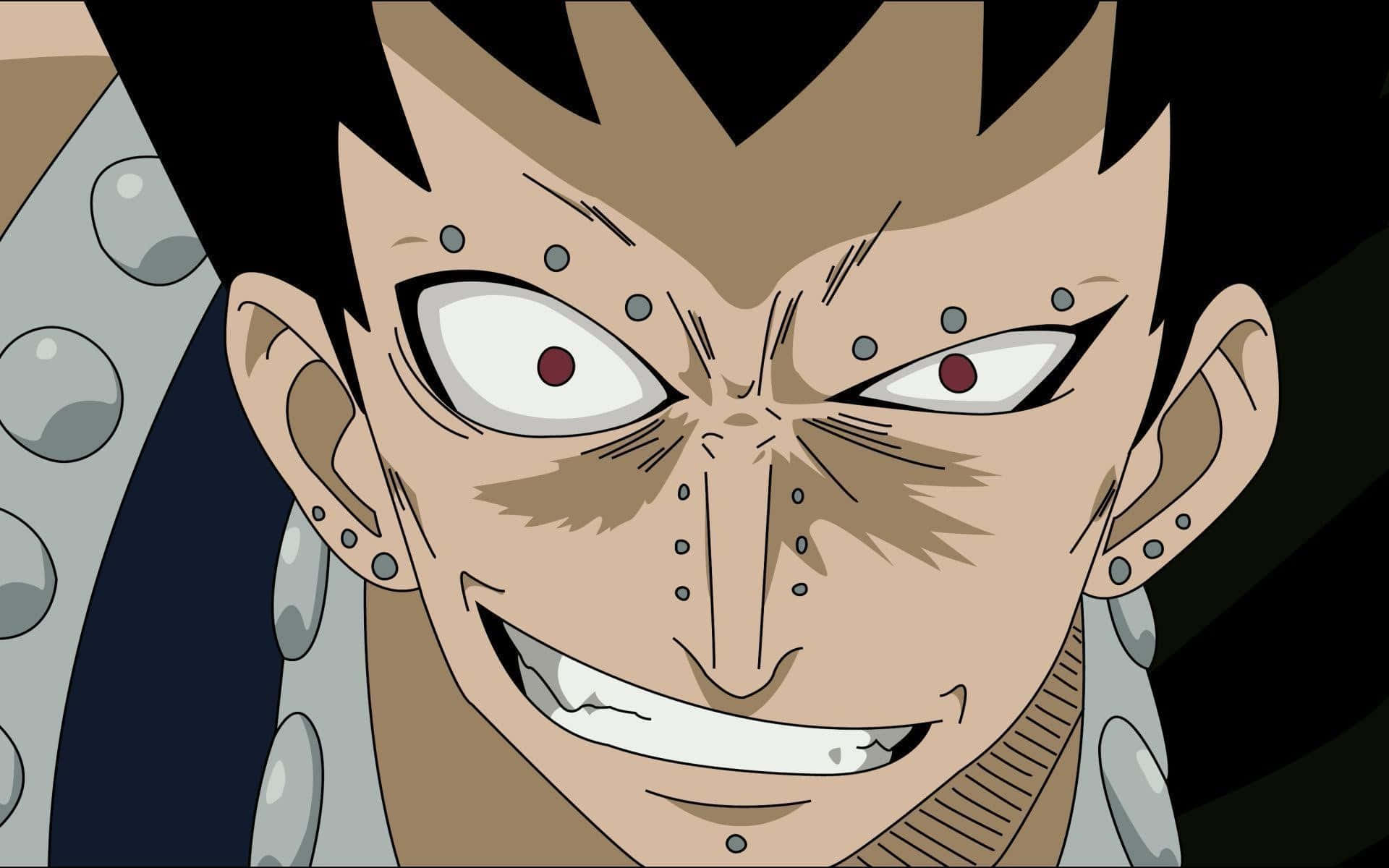 Gajeel Redfox 桌布 壁紙 — 動漫角色特寫，擁有強烈的紅眼睛和多個面部穿環，兇狠地咧嘴笑。