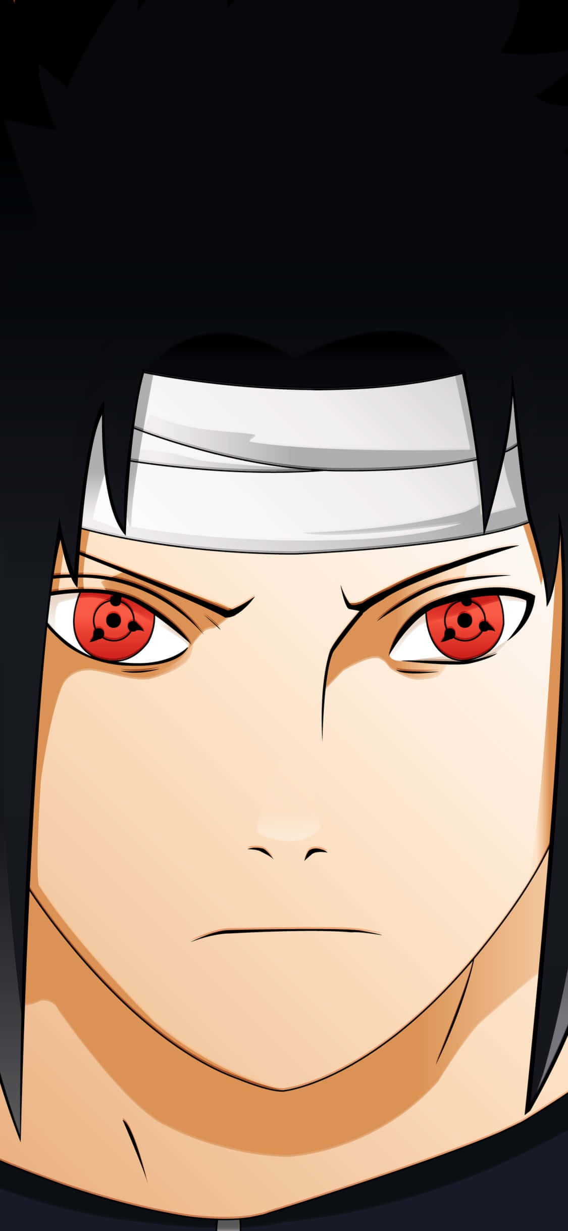 Uchiha iPhone 桌布 壁紙 — 動漫角色特寫，擁有強烈的紅色眼睛和白色頭帶，背景為深色。