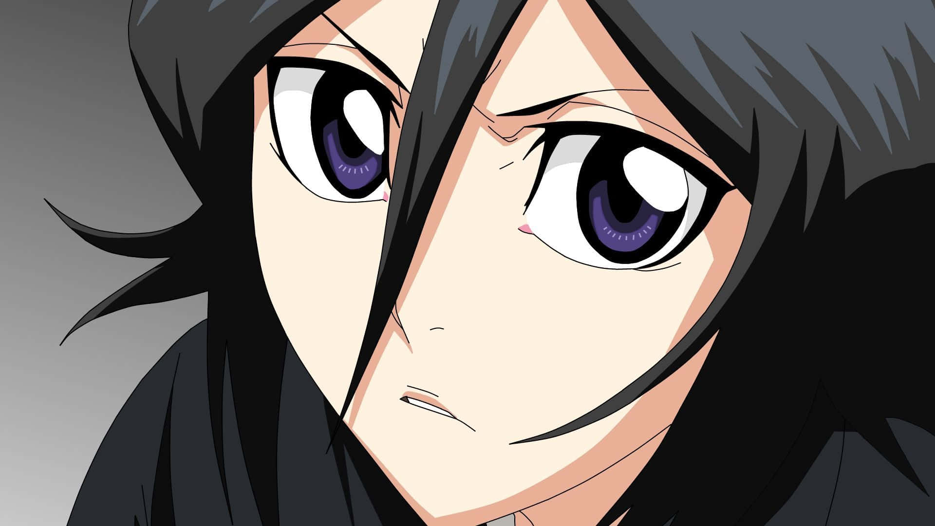 Rukia Kuchiki 桌布 壁紙 — 動漫角色特寫，擁有強烈的紫色眼睛和深色頭髮，背景為灰色。