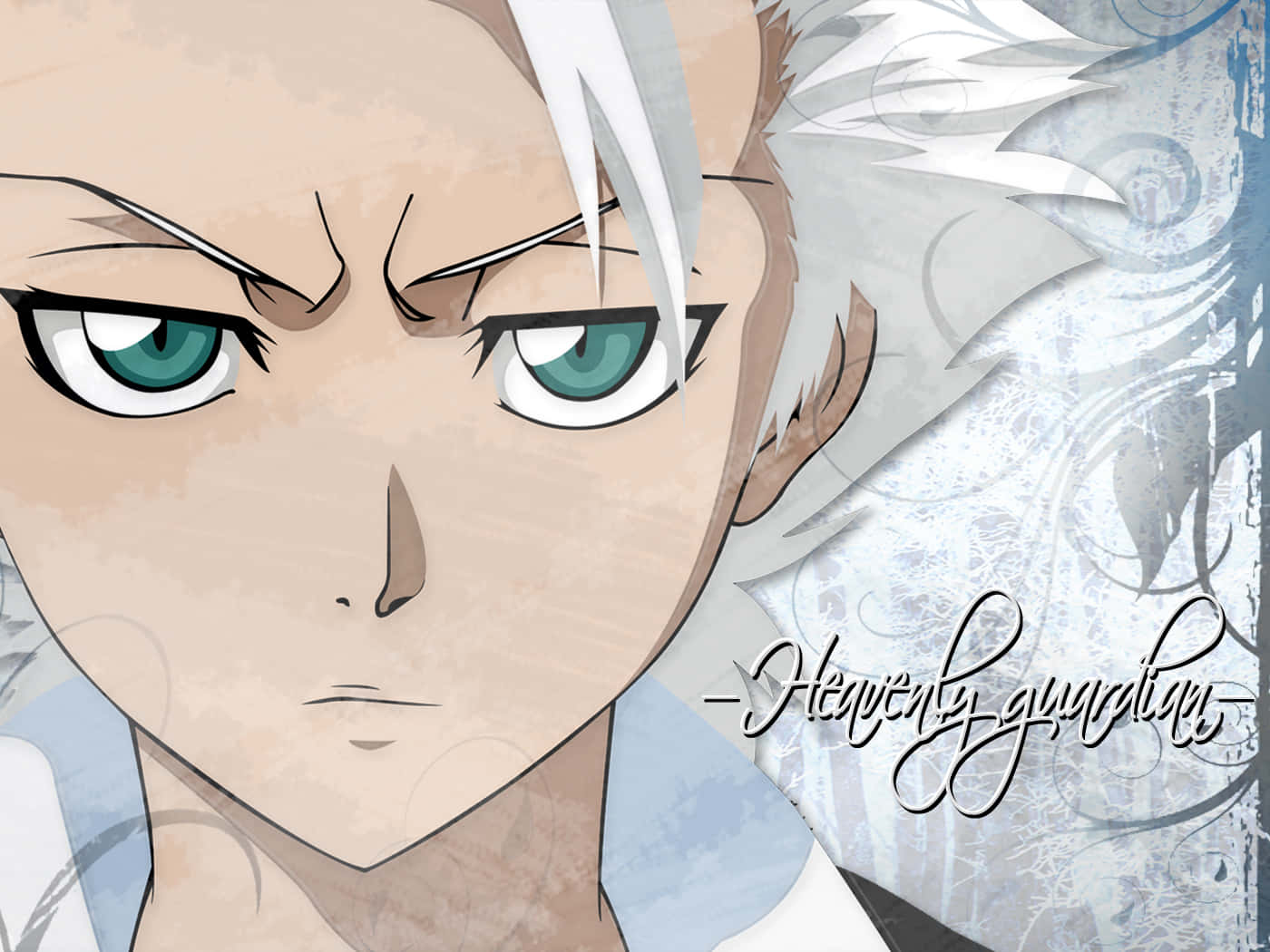 Toshiro Hitsugaya 桌布 壁紙 — 動漫角色特寫，擁有強烈的綠色眼睛和白色頭髮，背景是旋轉的藍色和灰色抽象背景。