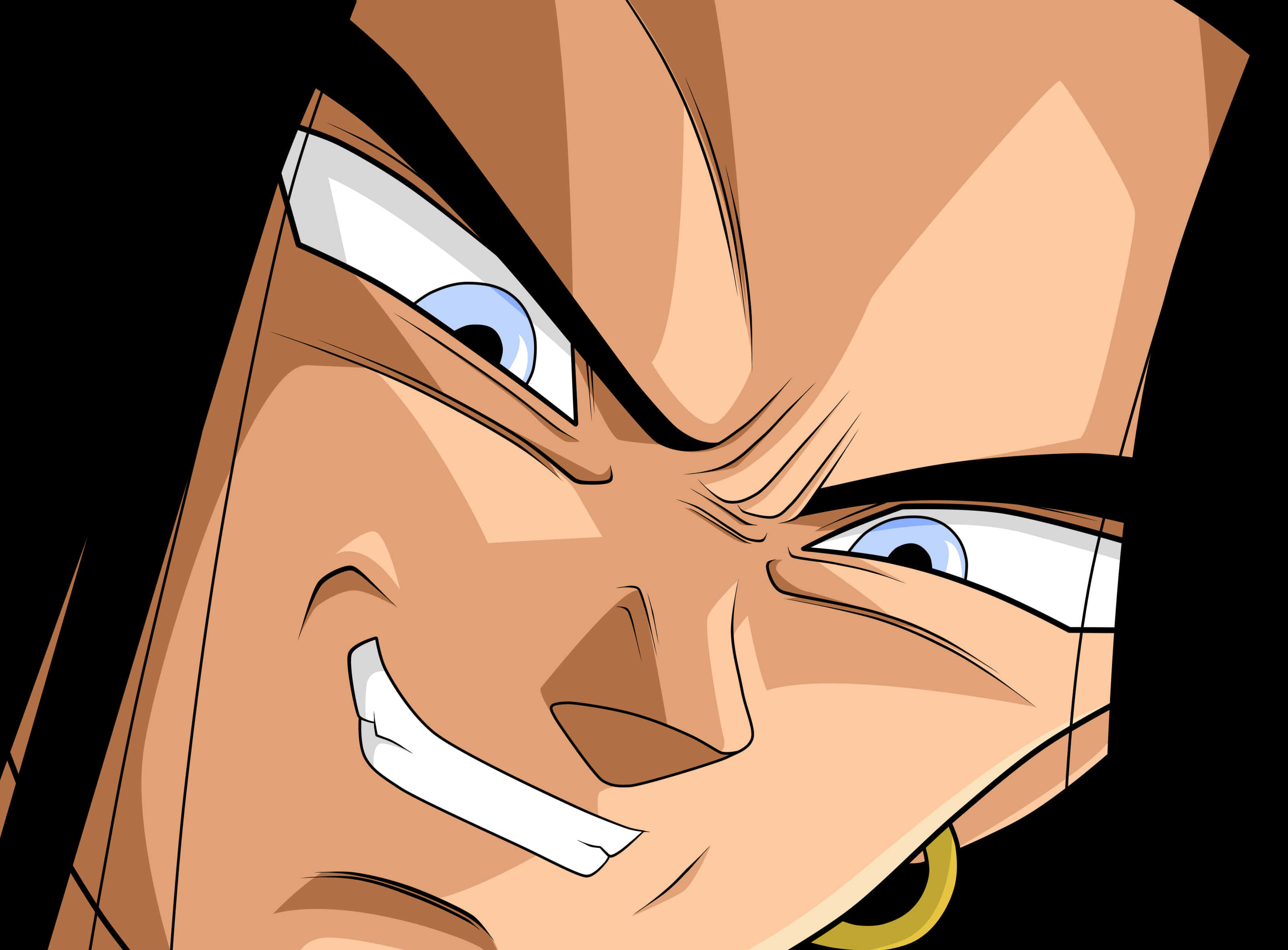 Dragon Ball Z Characters 桌布 壁紙 — 動漫角色特寫，擁有強烈的藍色眼睛和兇猛的笑容，背景為黑色。