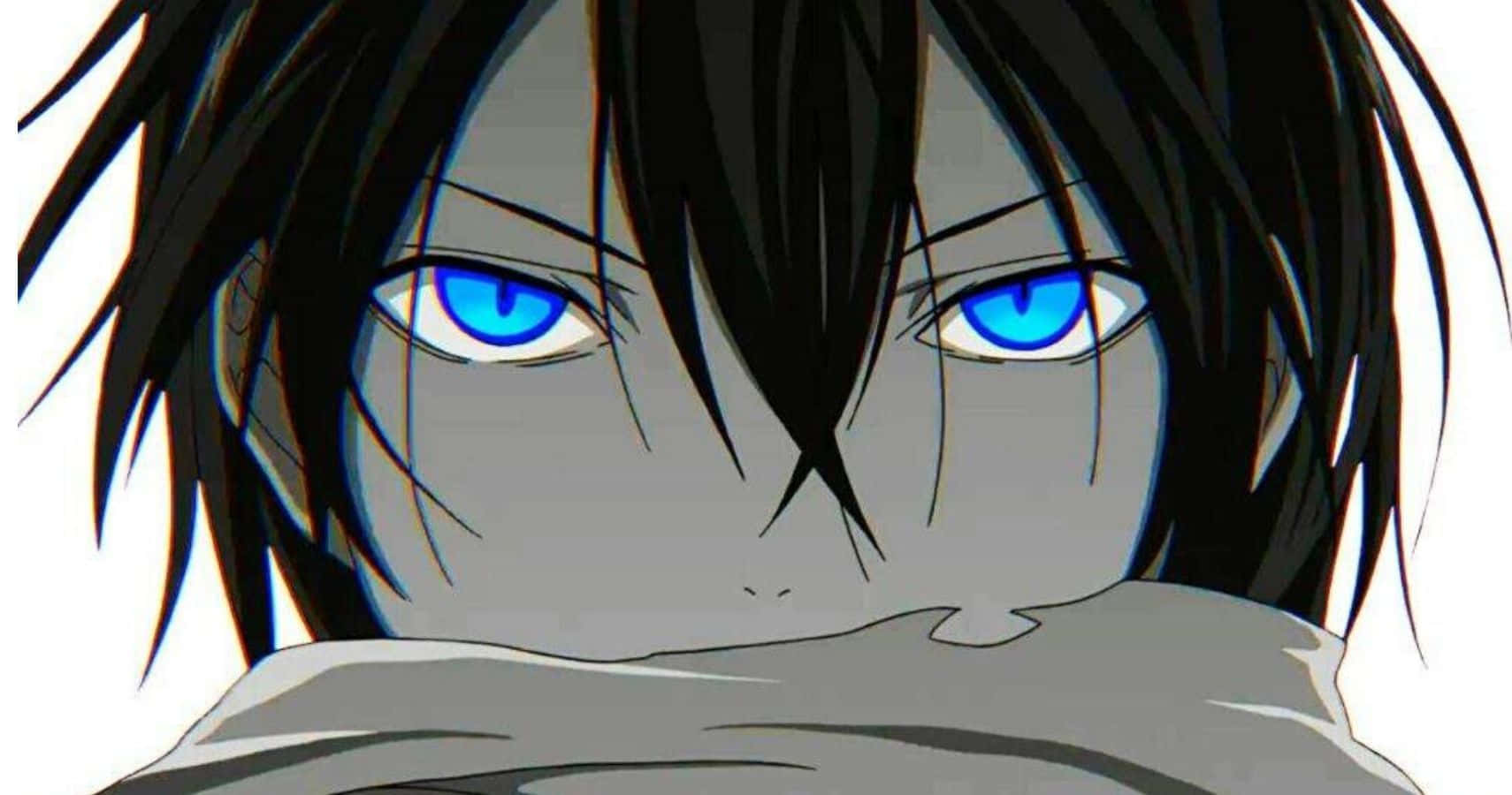 Noragami 桌布 壁紙 — 動漫角色特寫，擁有強烈的藍色眼睛和部分遮蓋臉部的黑髮。