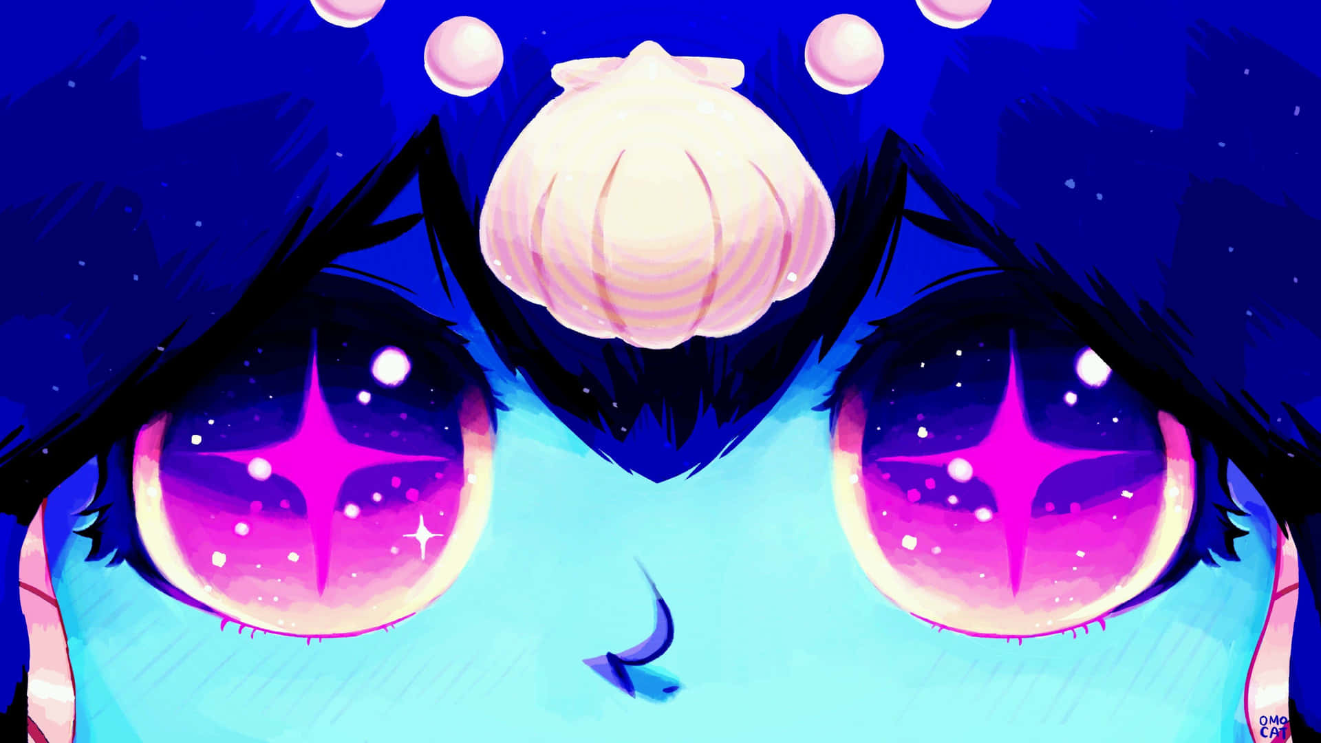 omori 桌布 壁紙 — 動漫角色特寫，擁有發光的星形眼睛和額頭上的貝殼，背景為宇宙藍色。