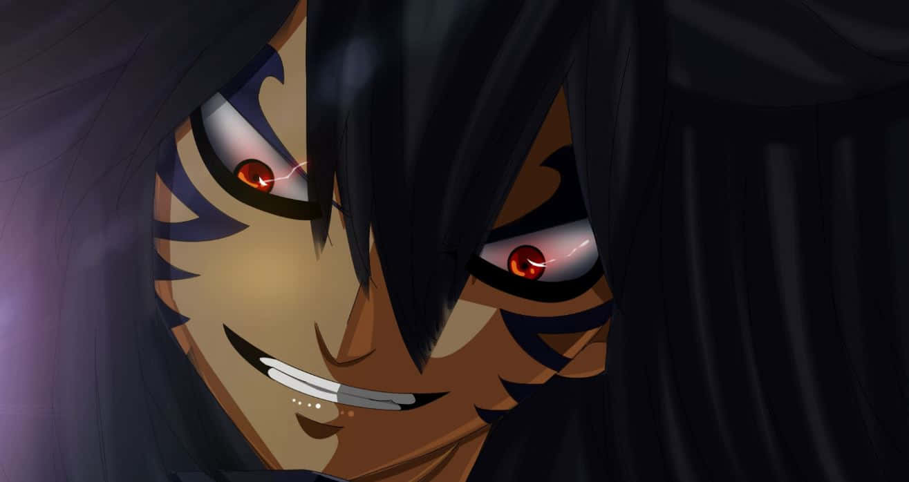 Acnologia 桌布 壁紙 — 動漫角色特寫，擁有發光的紅色眼睛和深色頭髮，露出威脅性的微笑。
