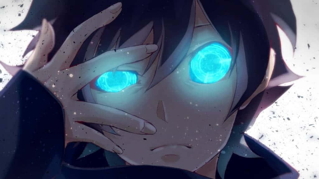 Cool Anime Blue 桌布 壁紙 — 動漫角色特寫，擁有發光的藍色眼睛和深色頭髮，雙手部分遮蓋臉部，背景帶有斑點。