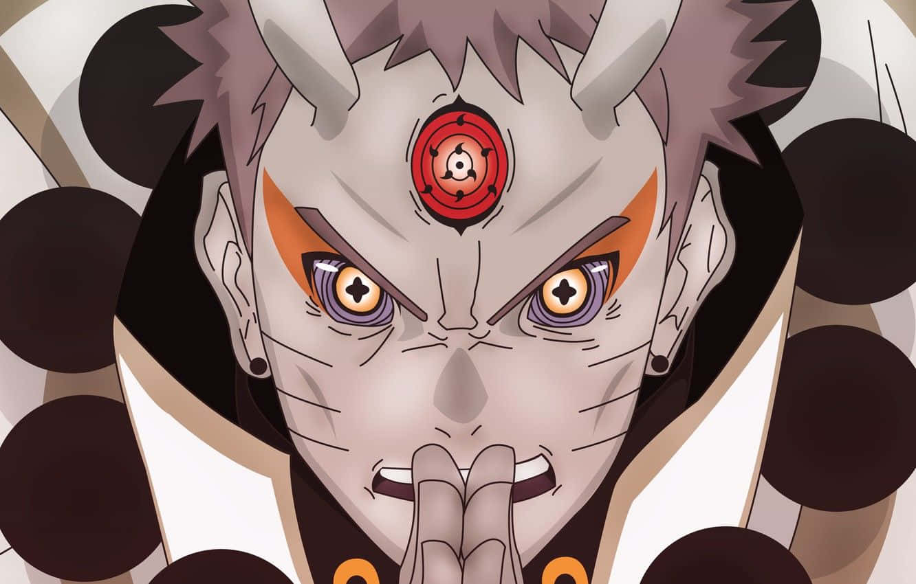 Naruto Eyes 桌布 壁紙 — 動漫角色特寫，擁有紅色巴紋眼睛和角，表情兇猛。