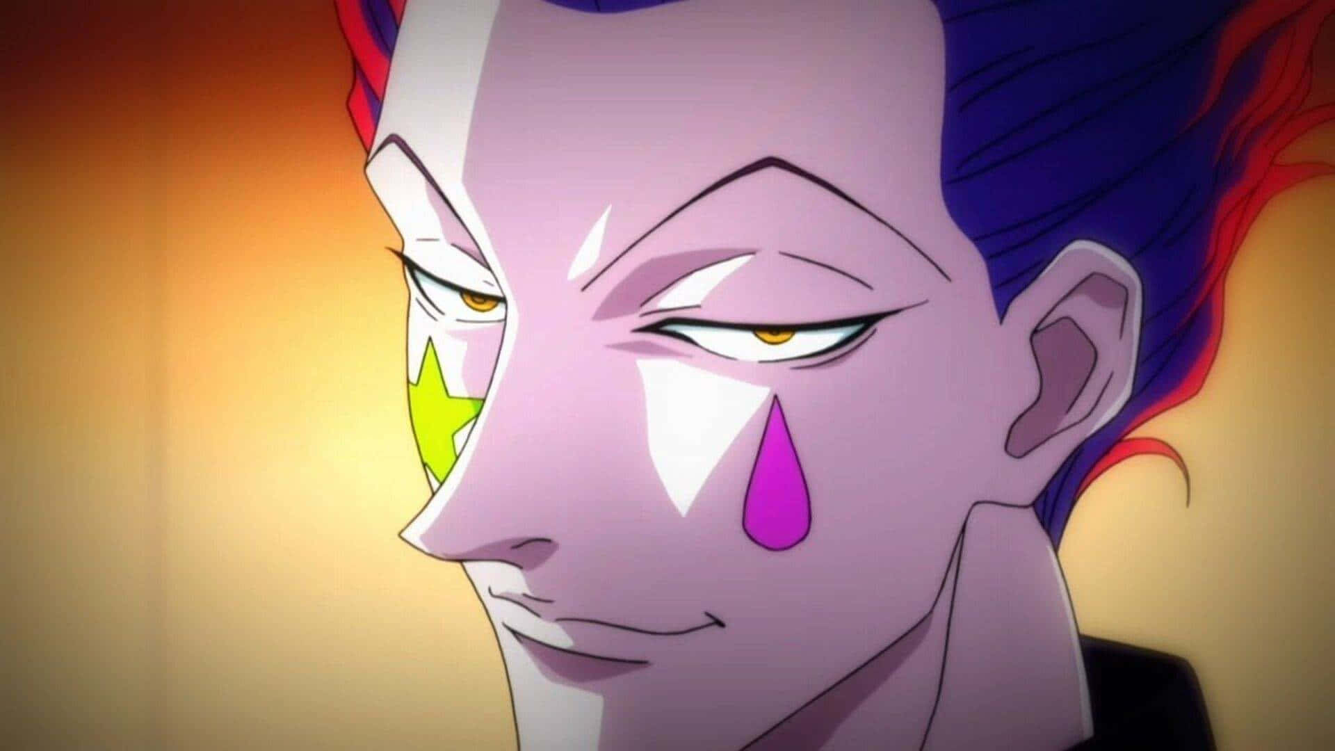 Hisoka Morow 桌布 壁紙 — 動漫角色特寫，擁有紫色皮膚、彩色頭髮，以及一顆從眼睛流下的紫色淚珠。