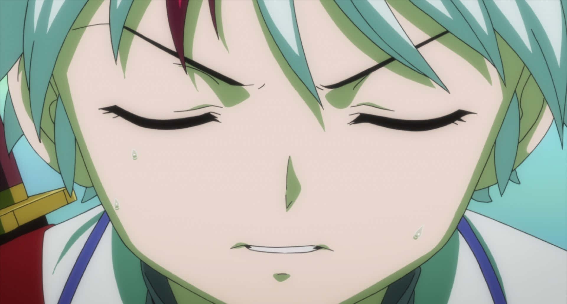 Towa Higurashi 桌布 壁紙 — 動漫角色特寫，擁有青綠色頭髮和閉上的眼睛，微微笑著，淚水沿著臉頰流下。