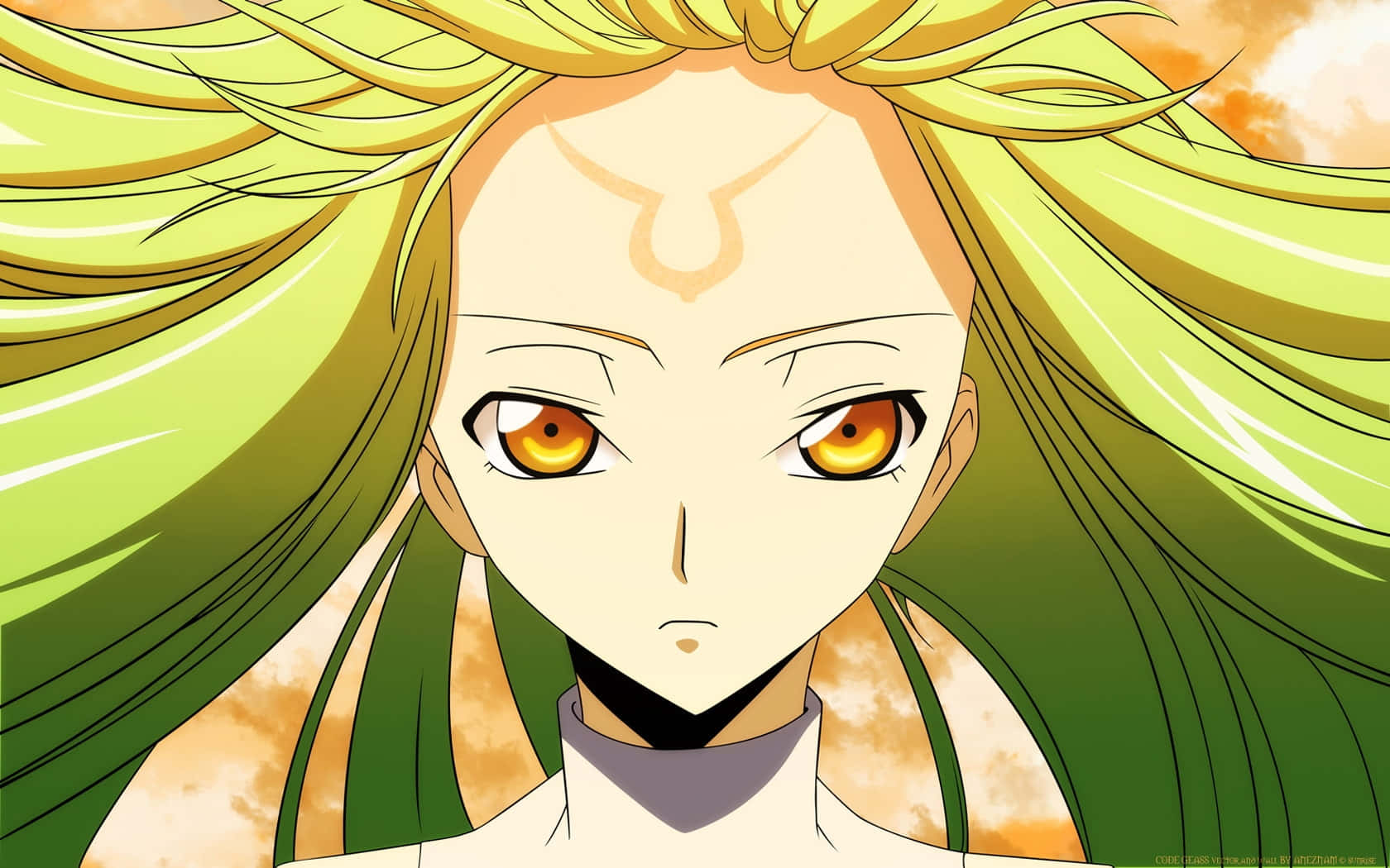 Code Geass C.c. 桌布 壁紙 — 動漫角色特寫，擁有鮮綠色頭髮和強烈橙色眼睛，背景是溫暖的日落天空。