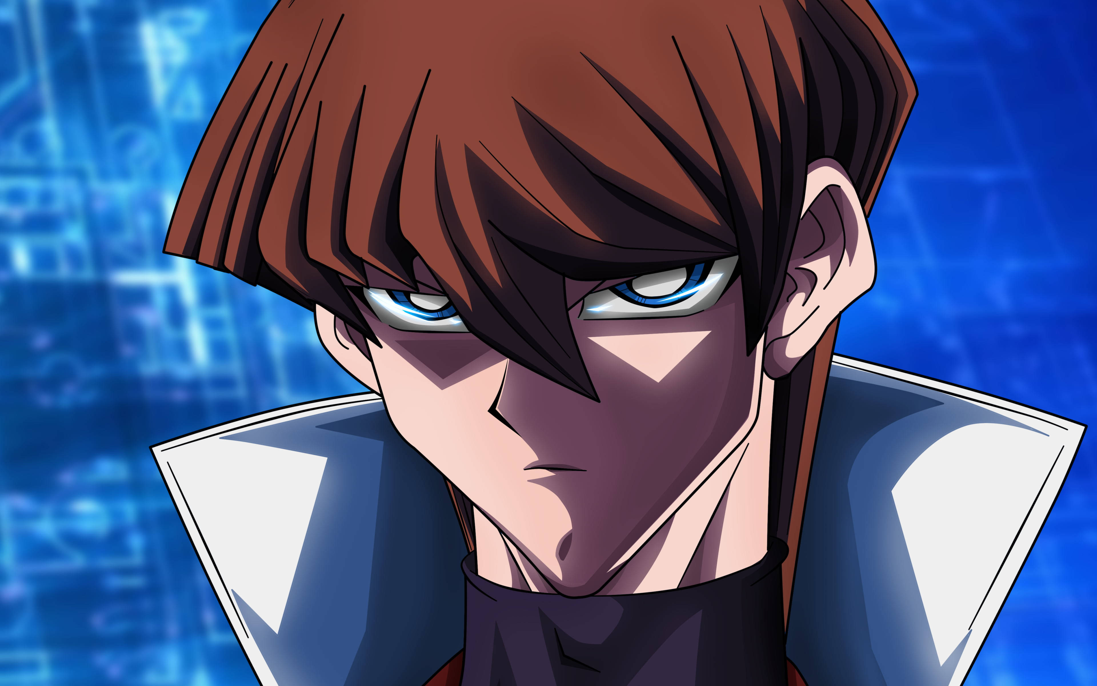 Yu Gi Oh 桌布 壁紙 — 動漫角色特寫，棕色頭髮，強烈藍色眼睛，背景為發光藍色數位背景。